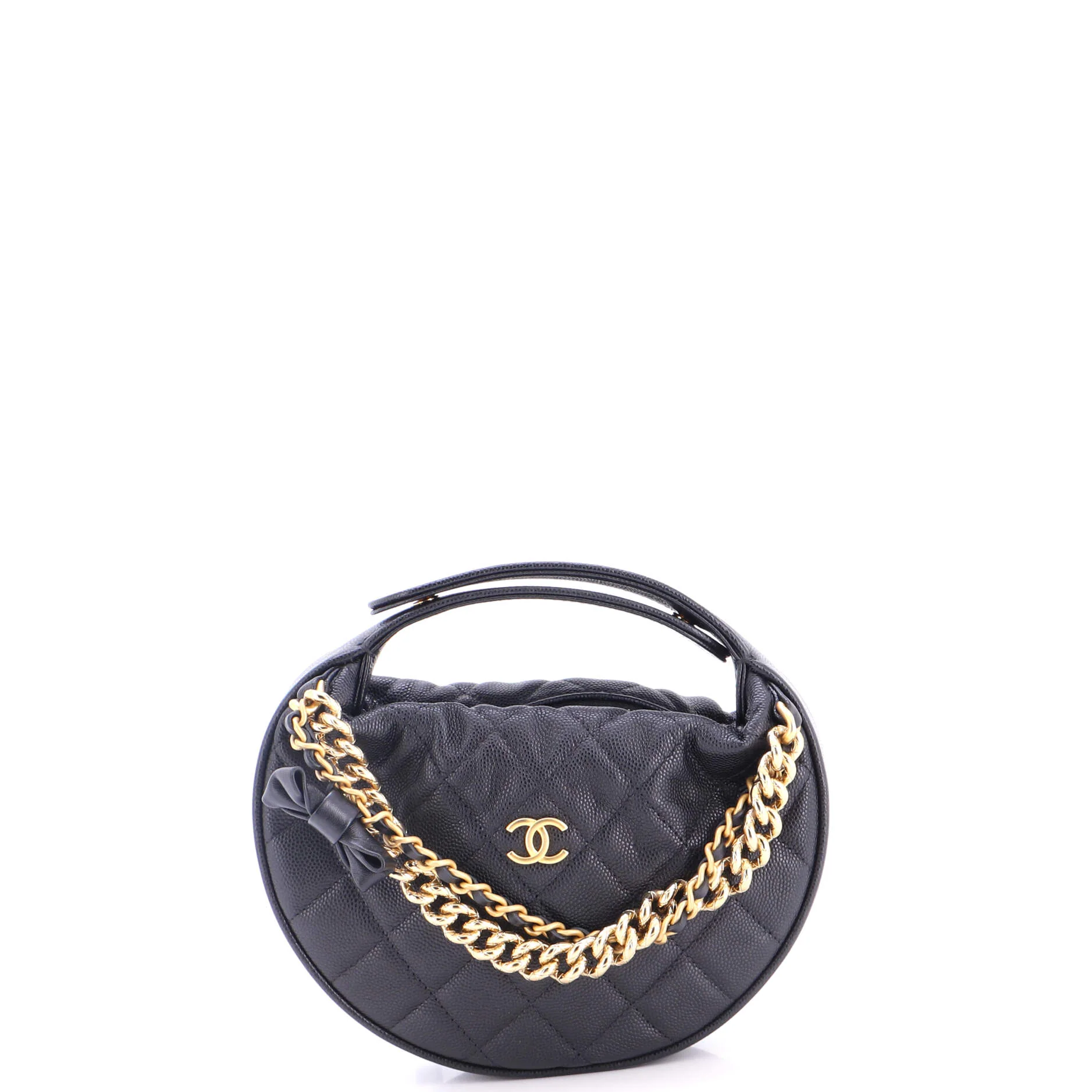 Double Chain Bow Hobo Pouch Quilted Caviar Mini