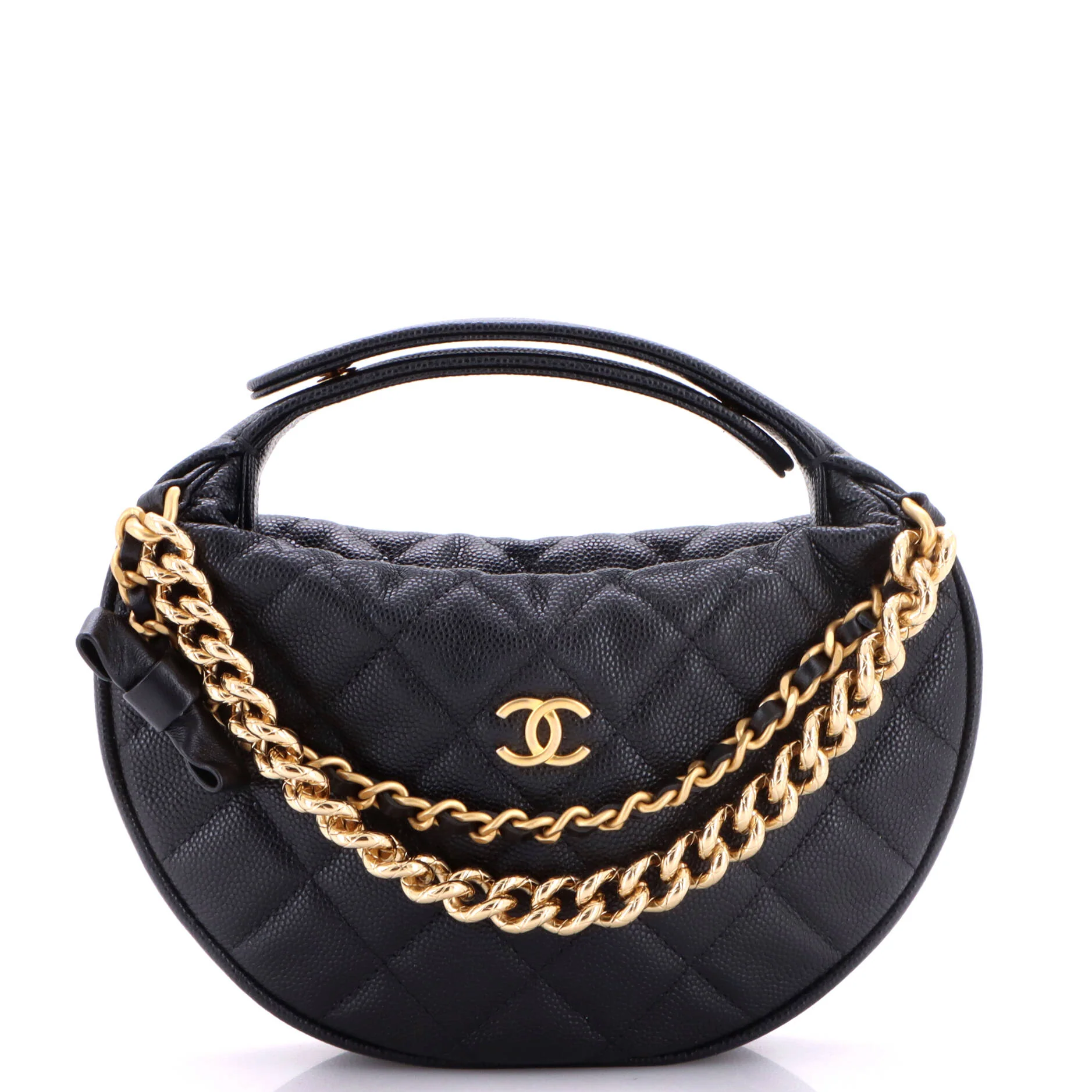 Double Chain Bow Hobo Pouch Quilted Caviar Mini