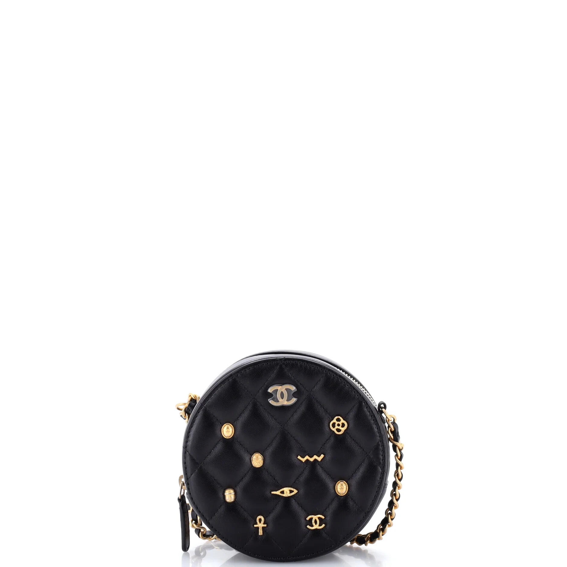 Egyptian Amulet Round Chain Clutch Quilted Calfskin Mini