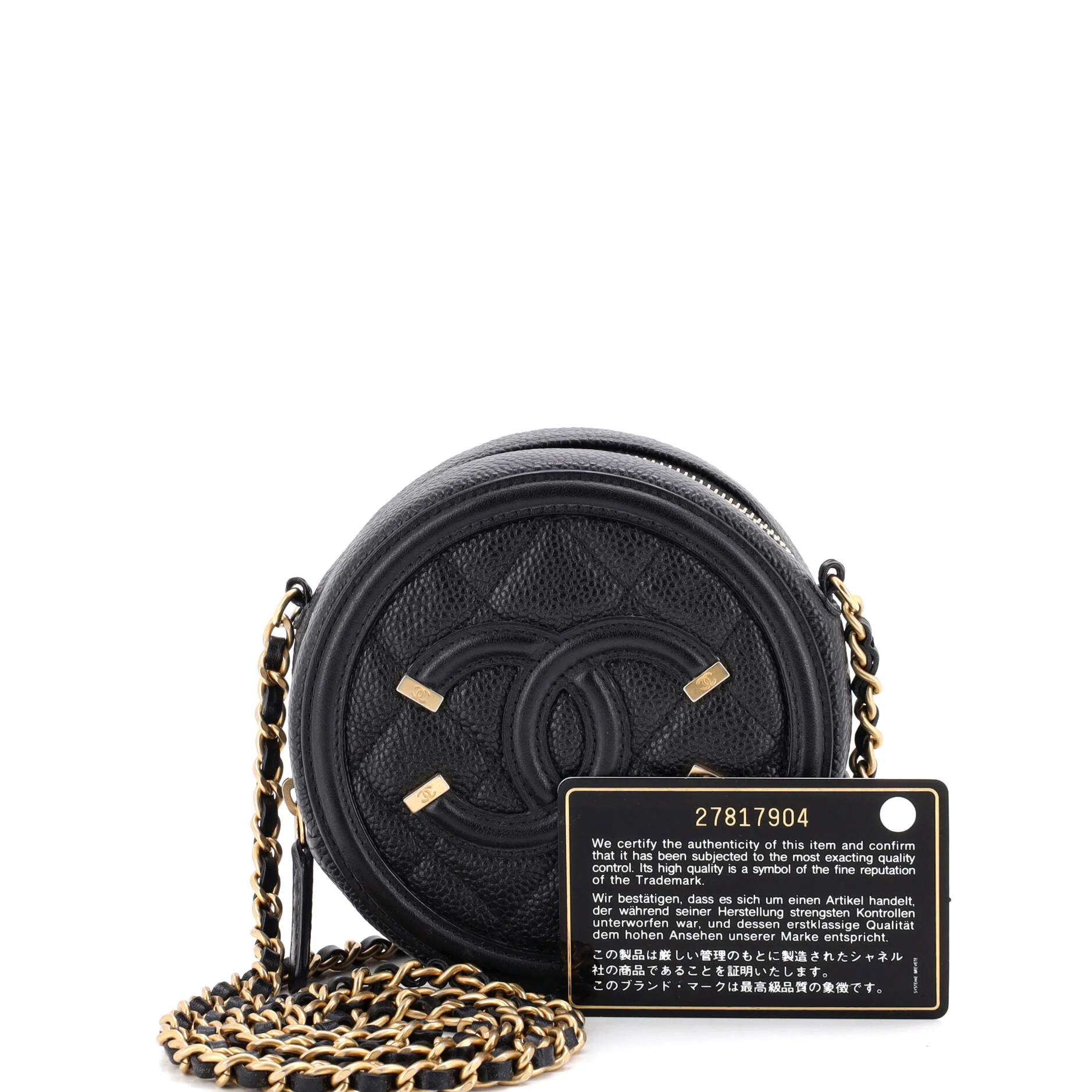 Filigree Round Clutch with Chain Quilted Caviar Mini - Image 2