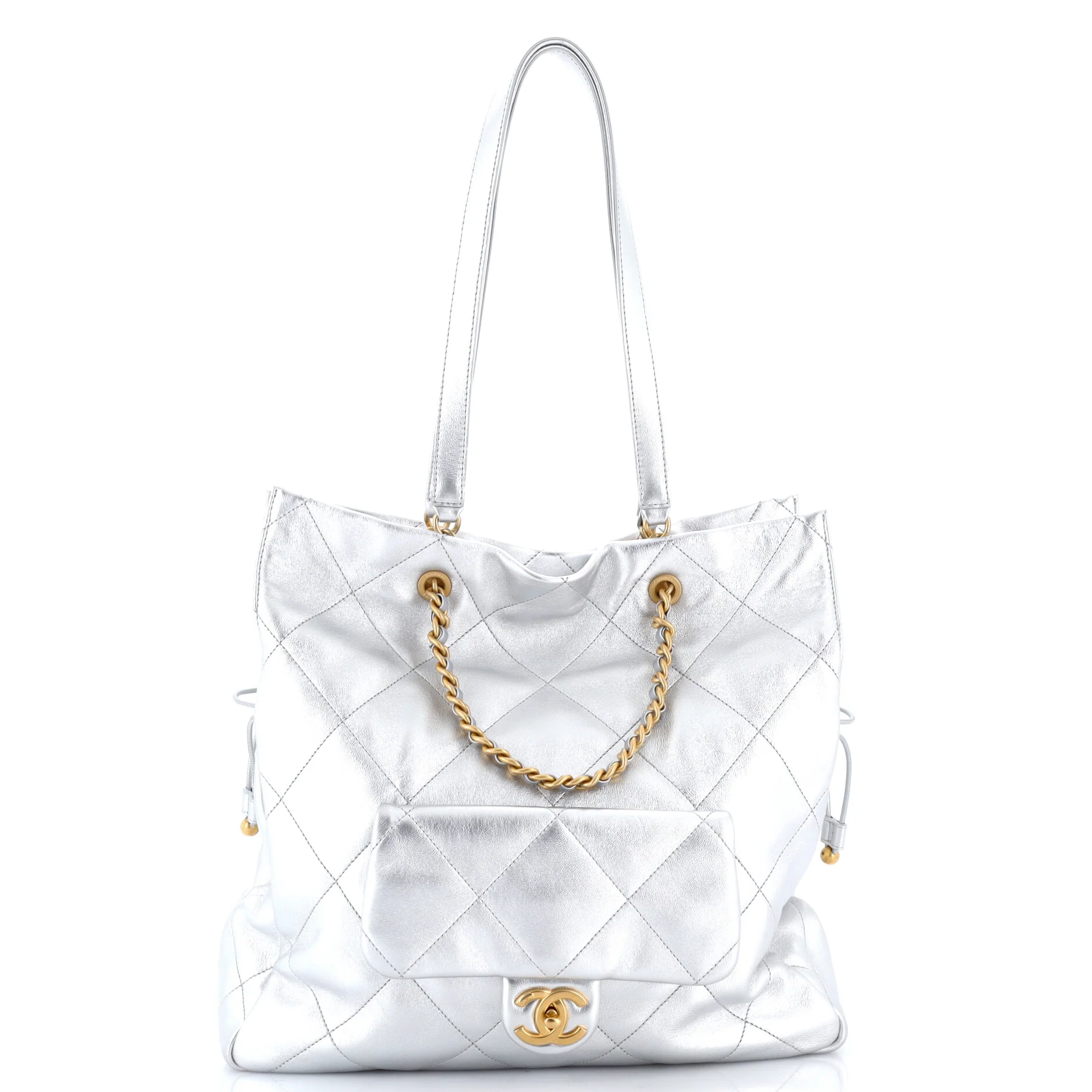 Front Pocket Drawstring Shopping Bag Quilted Shiny Lambskin Medium