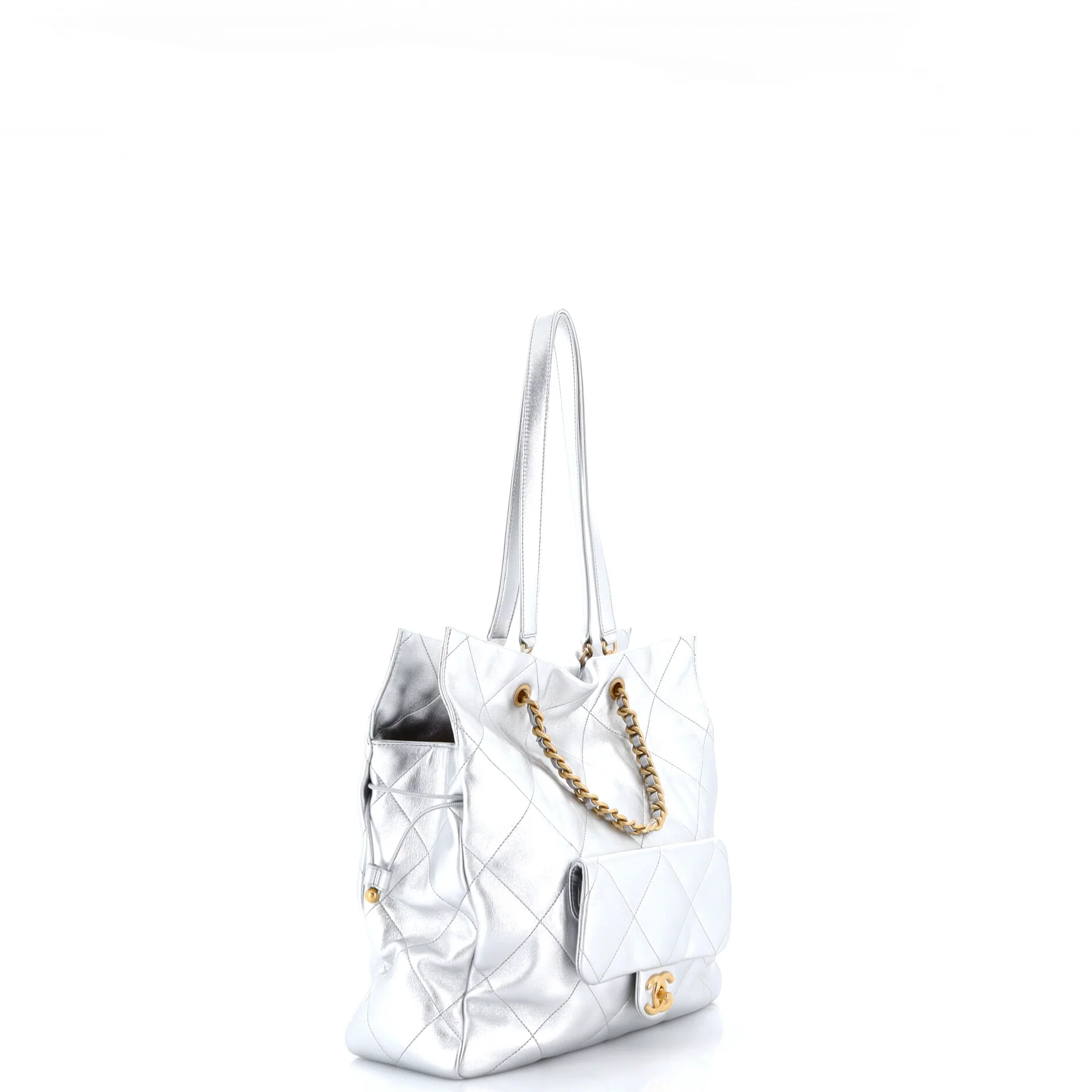 Front Pocket Drawstring Shopping Bag Quilted Shiny Lambskin Medium - Image 2