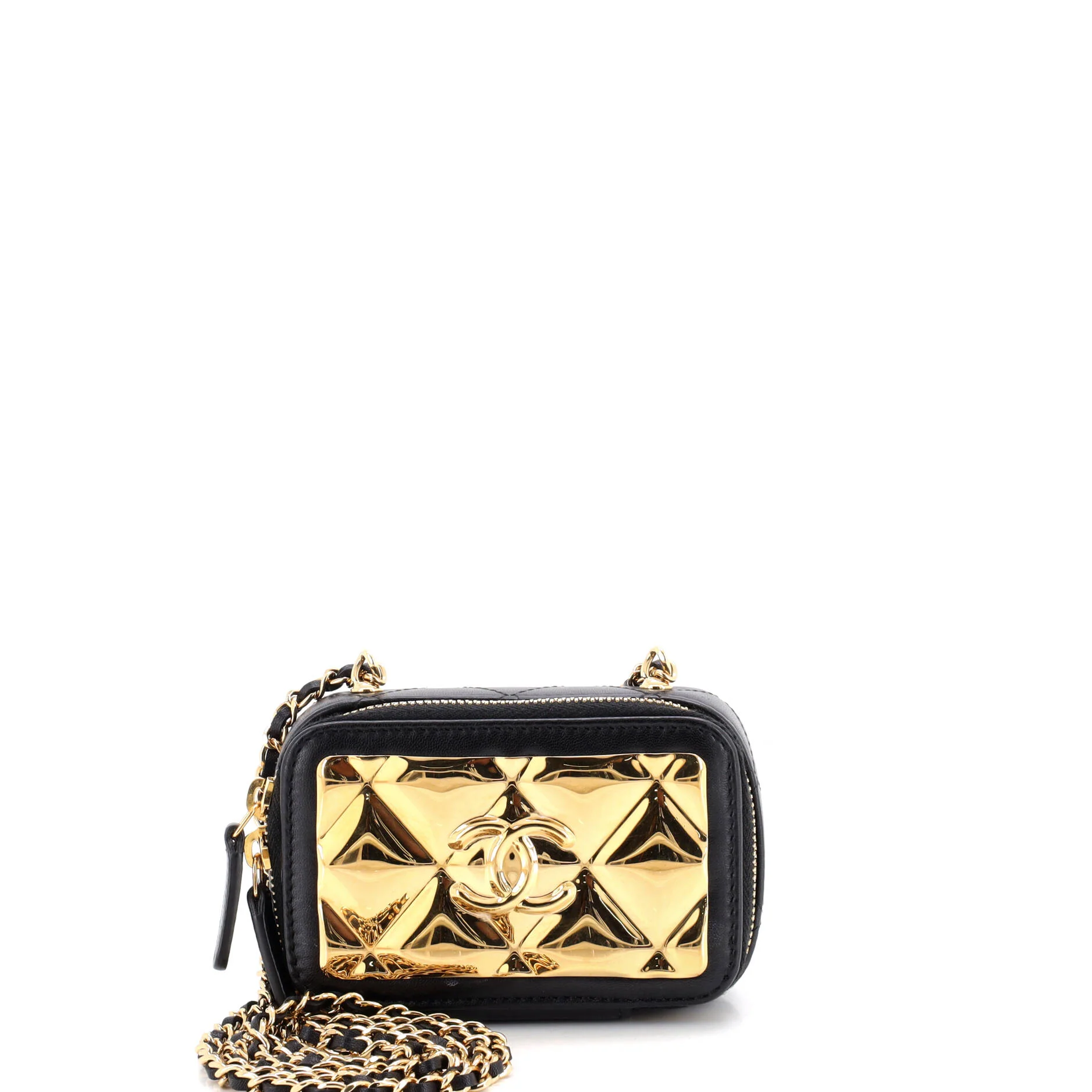 Golden Plate Zip Around Vanity Case with Chain Quilted Metal and Lambskin Extra Mini