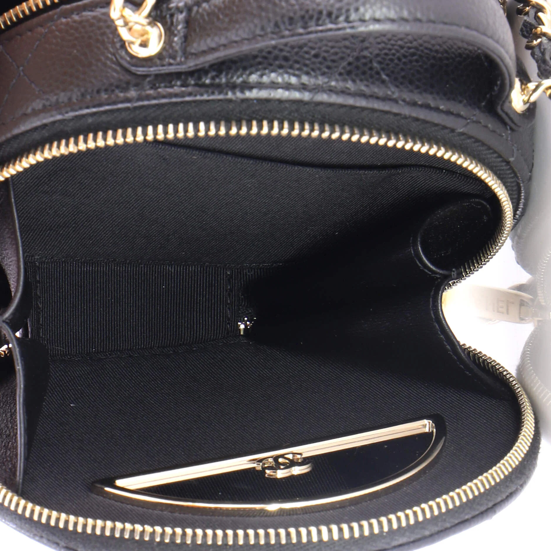 Handle with Care Round Vanity Case with Chain Quilted Caviar Small - Image 6