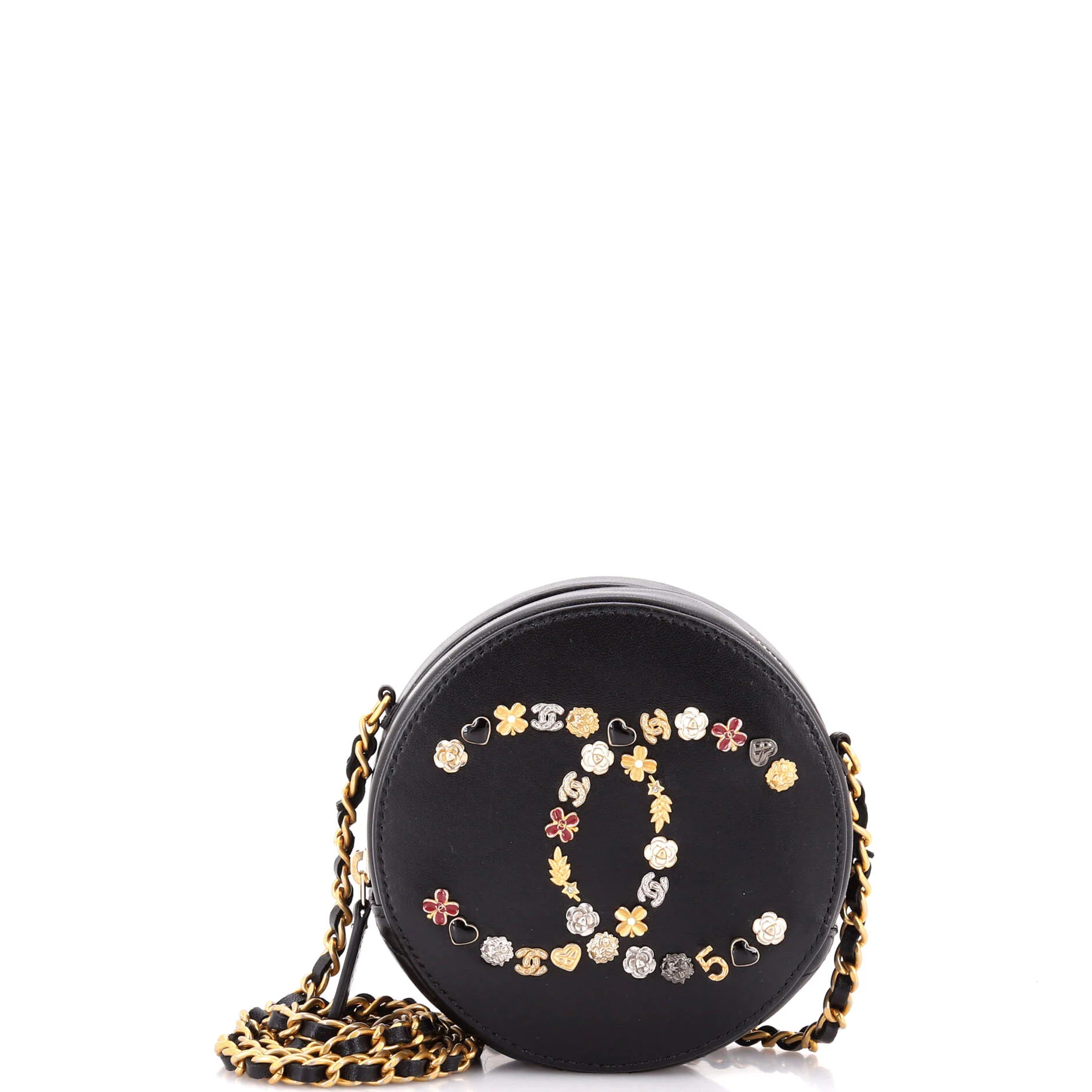 Lucky Charms Round Clutch With Chain Embellished Lambskin