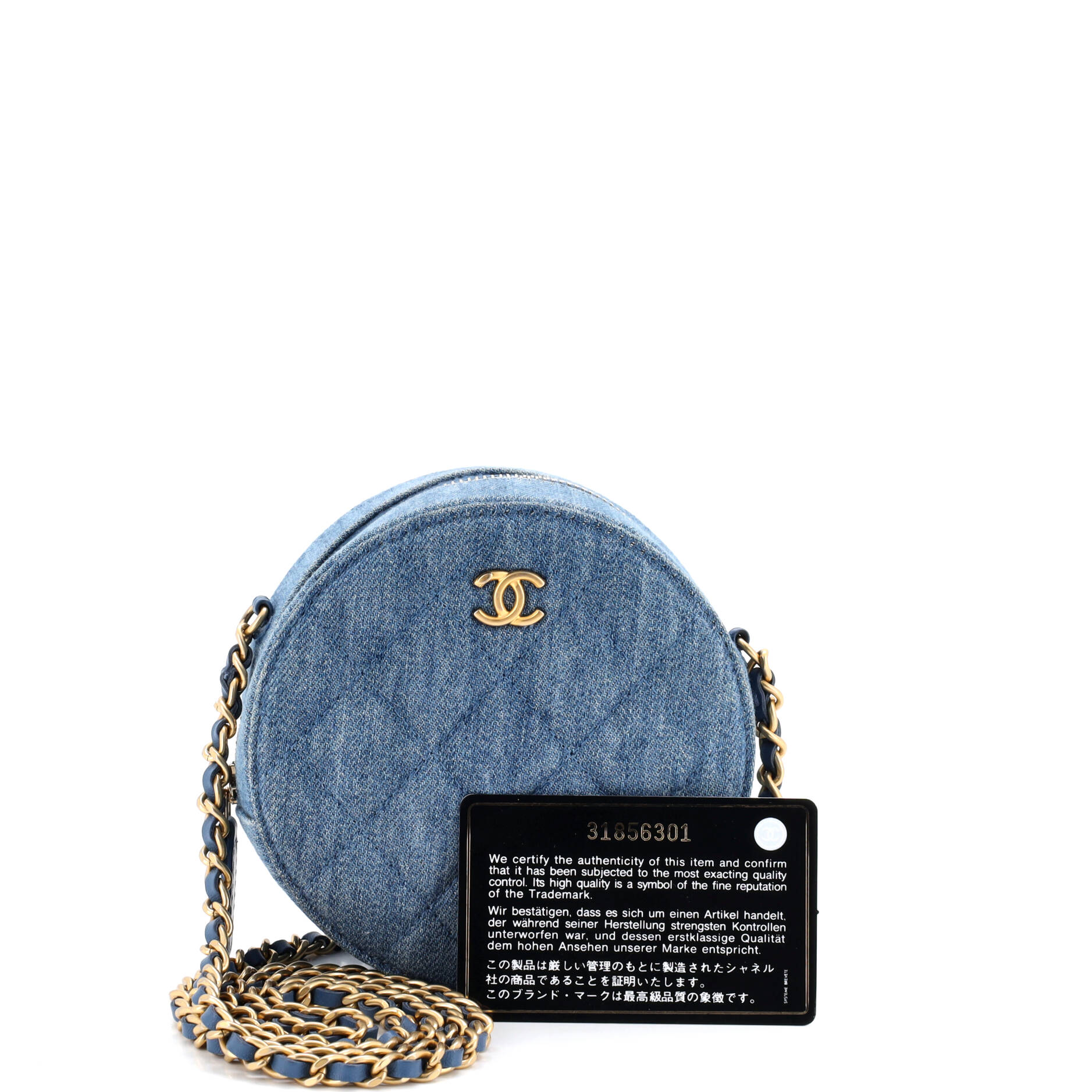 Pearl Crush Round Clutch with Chain Quilted Denim - Image 2