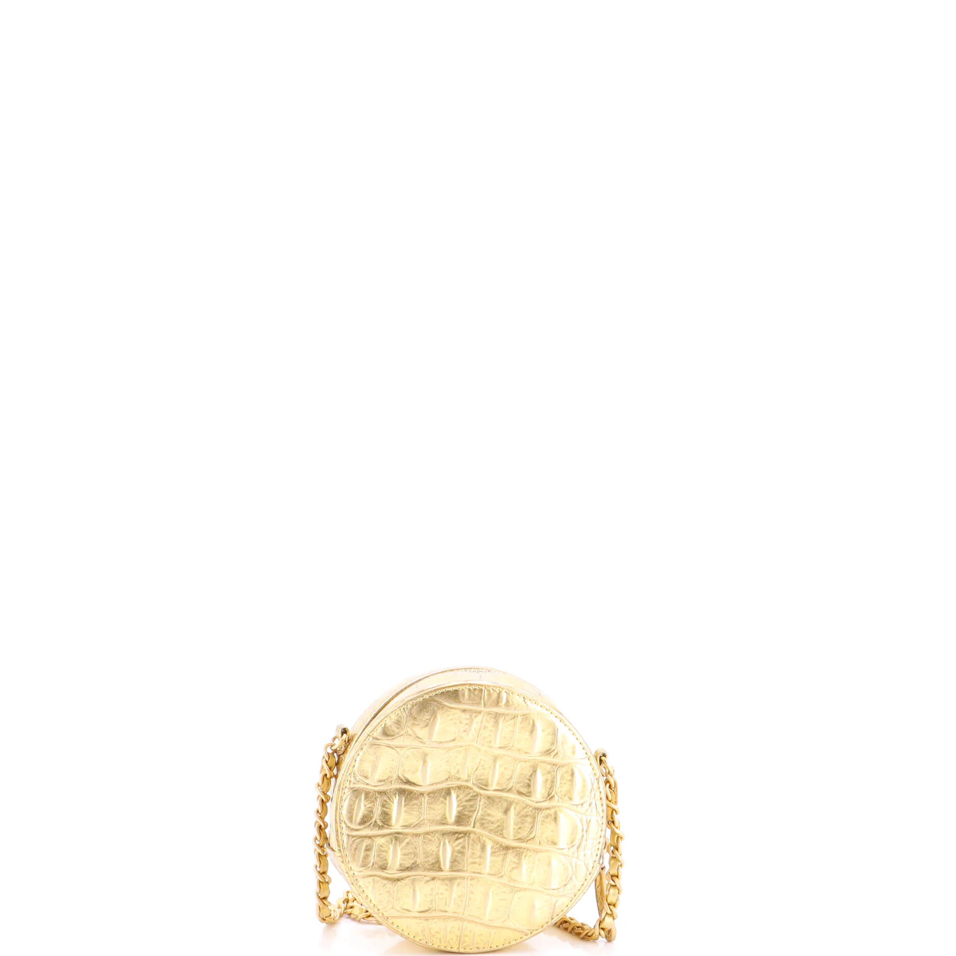 Round Clutch with Chain Crocodile Embossed Metallic Calfskin - Image 4