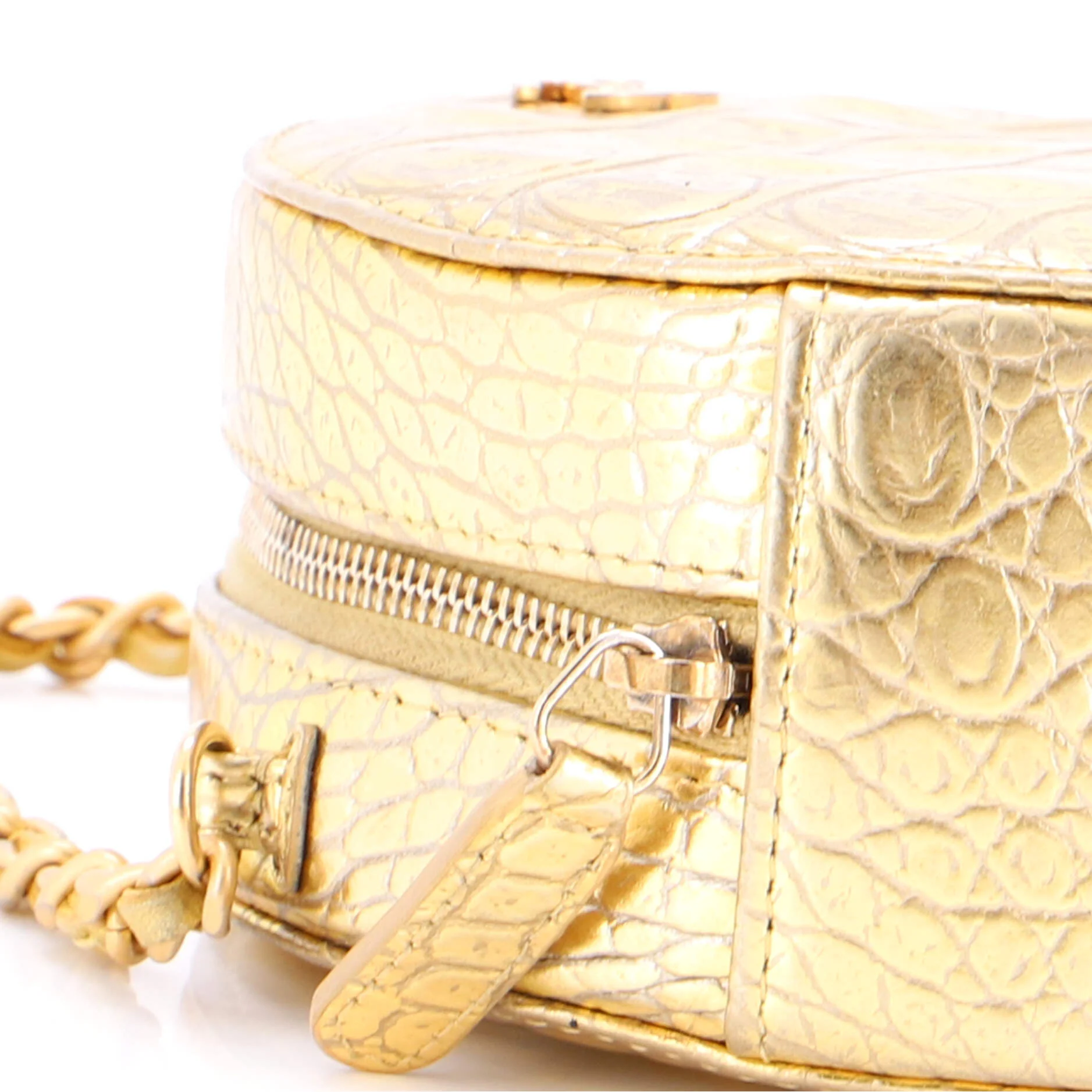 Round Clutch with Chain Crocodile Embossed Metallic Calfskin - Image 7