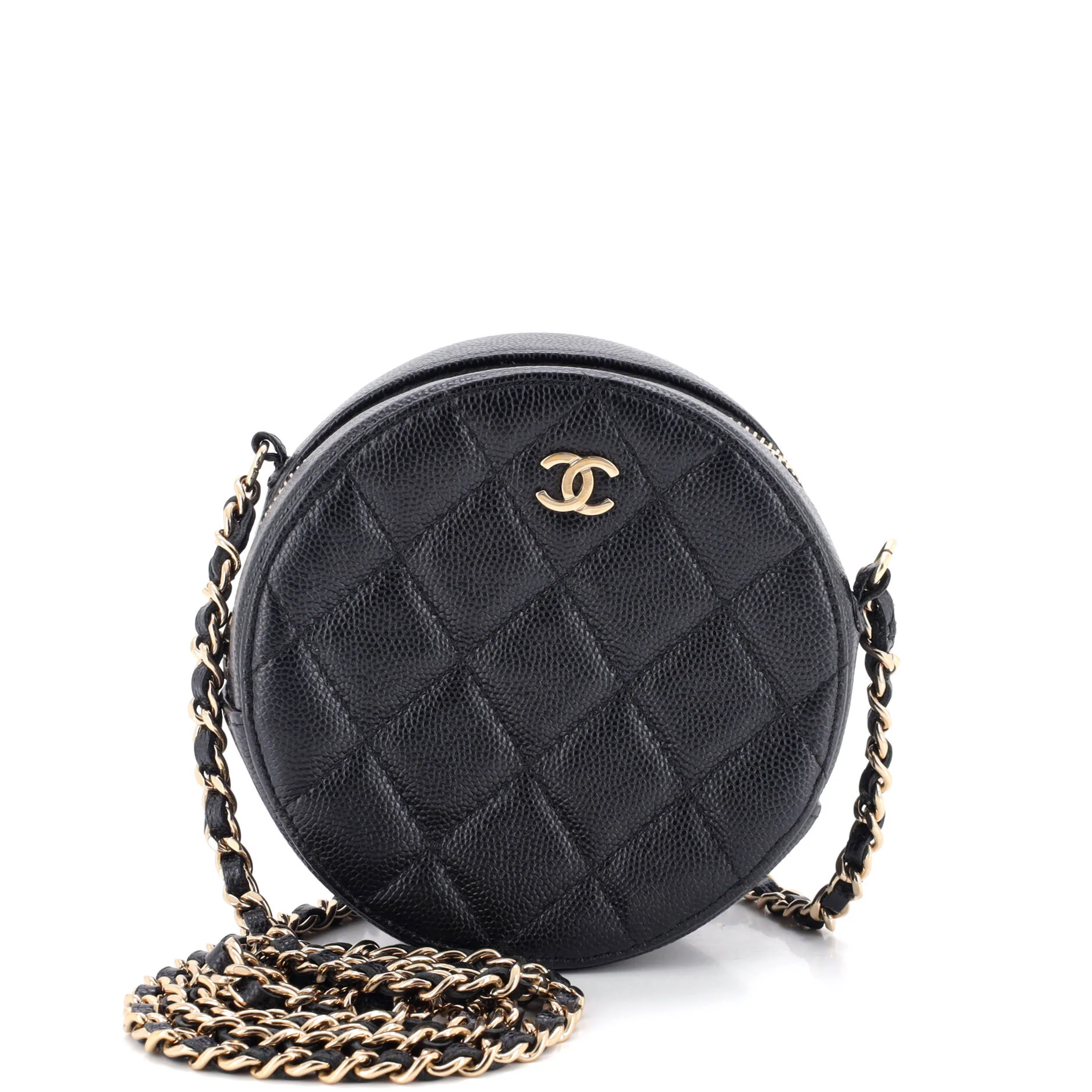 Round Clutch with Chain Quilted Caviar Mini