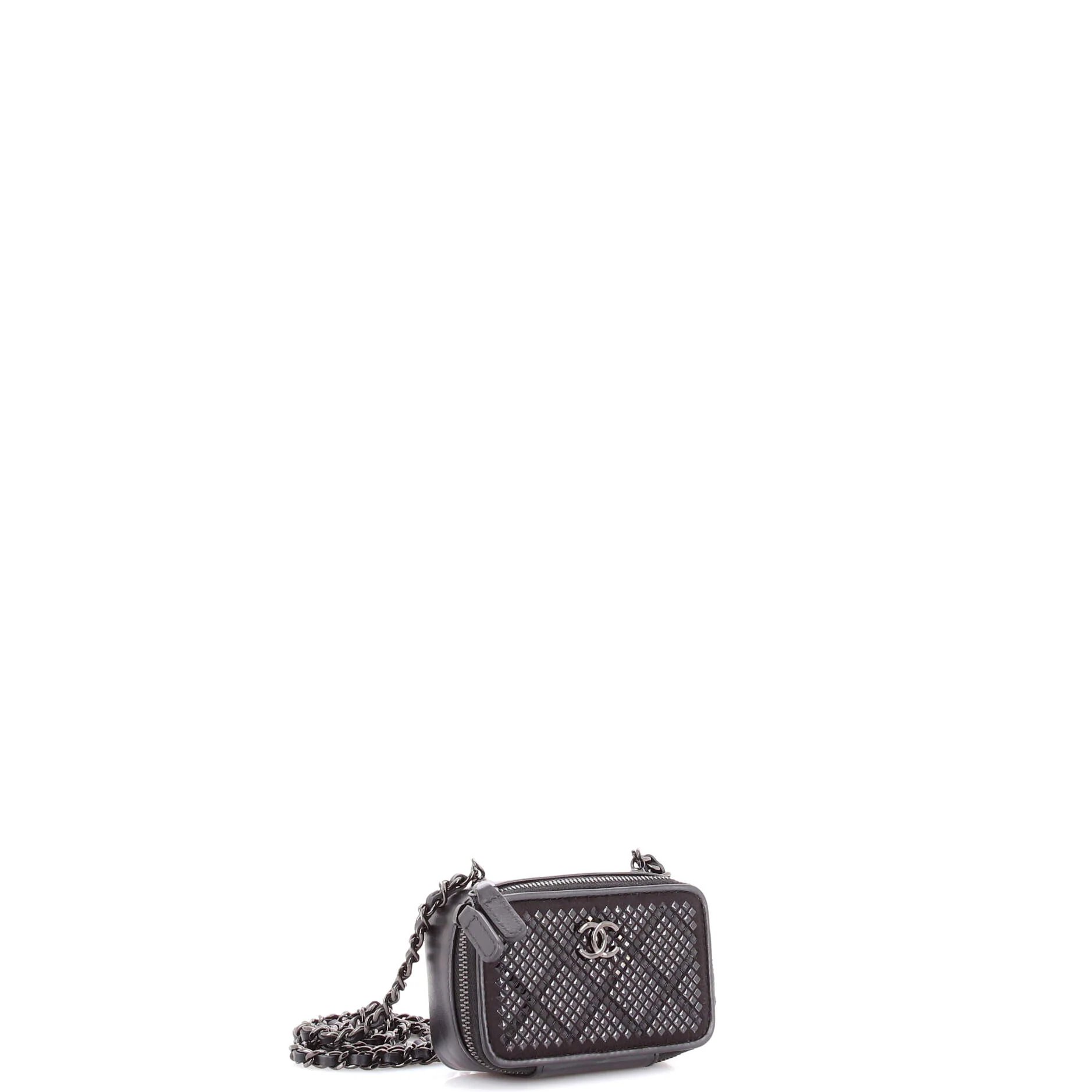 So Black Zip Around Vanity Clutch with Chain Crystal Embellished Satin with Leather - Image 2