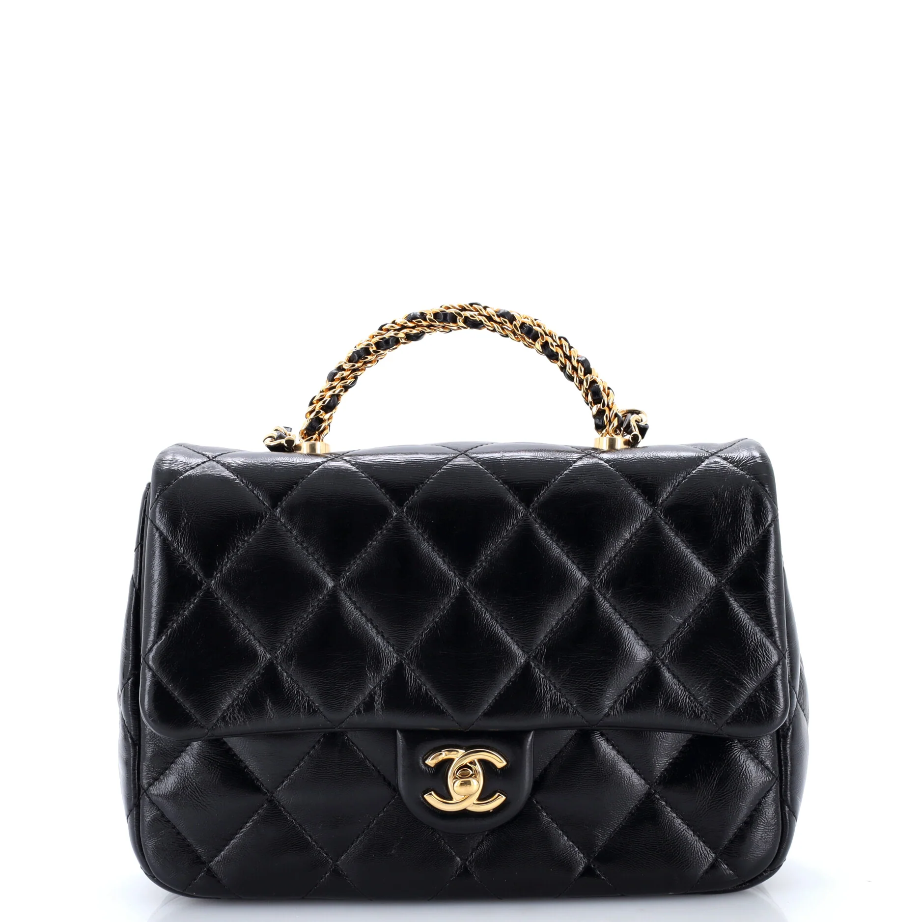 Twisted Chains Top Handle Fap Bag Quilted Shiny Lambskin Medium