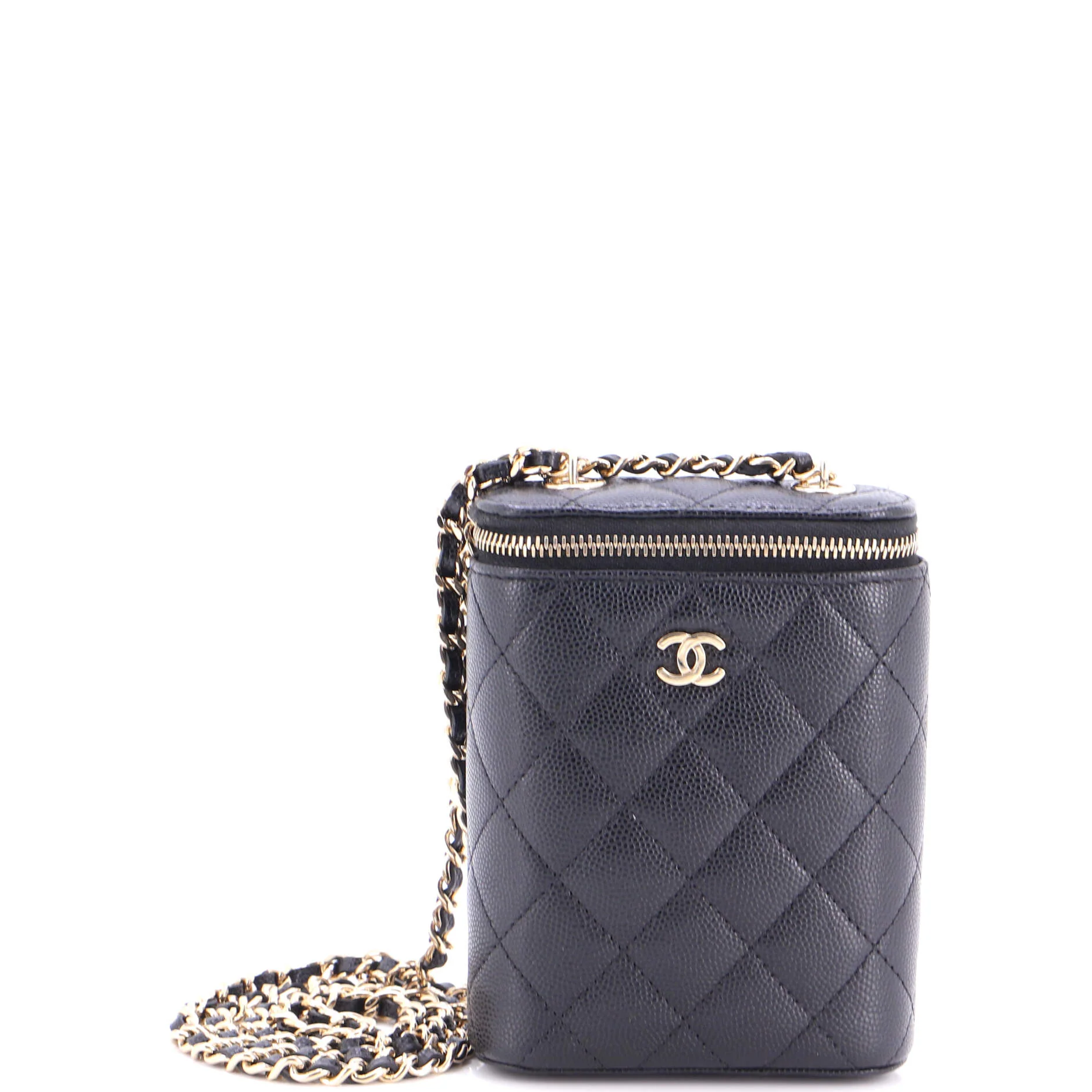 Vertical Classic Vanity Case with Chain Quilted Caviar Small