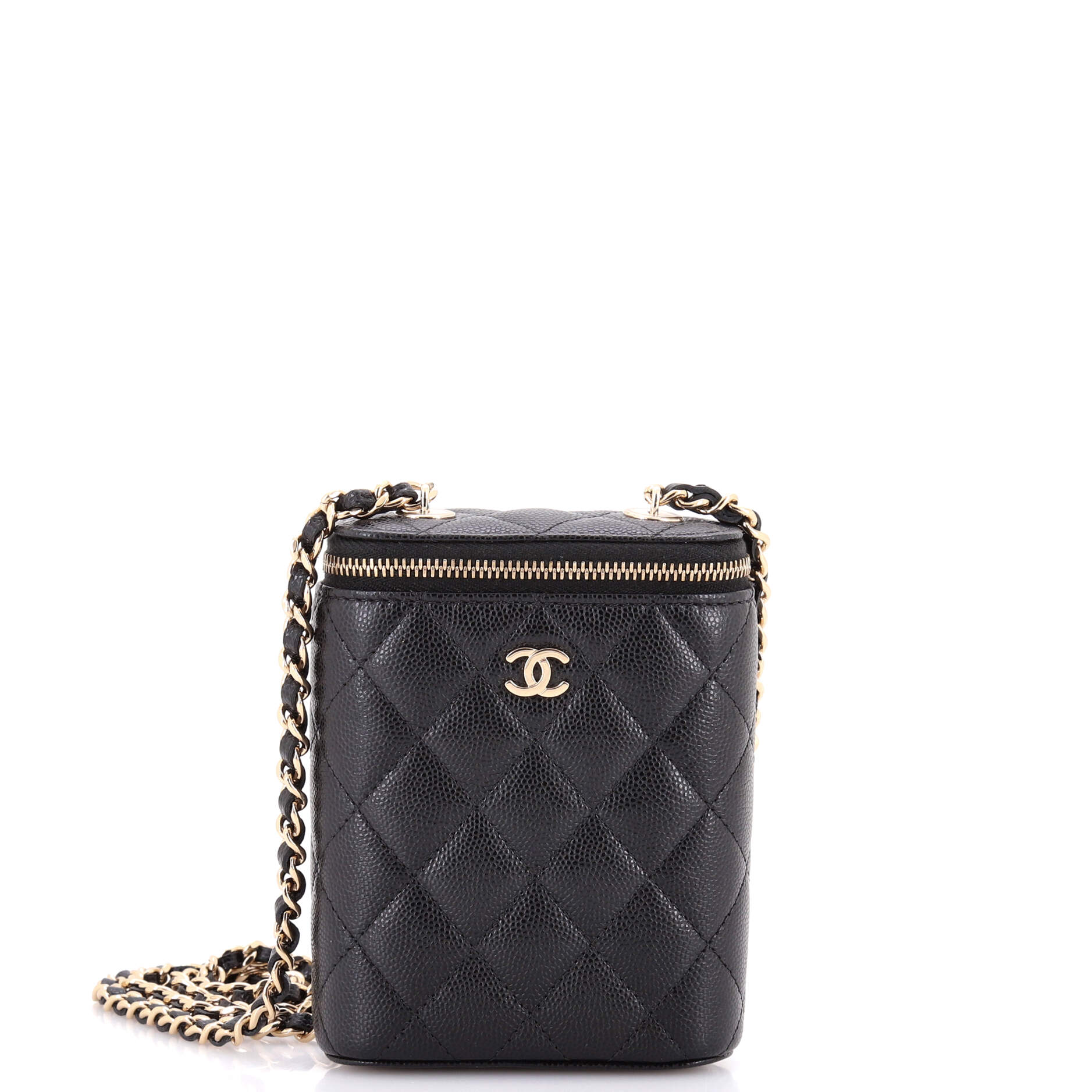 Vertical Classic Vanity Case with Chain Quilted Caviar Small