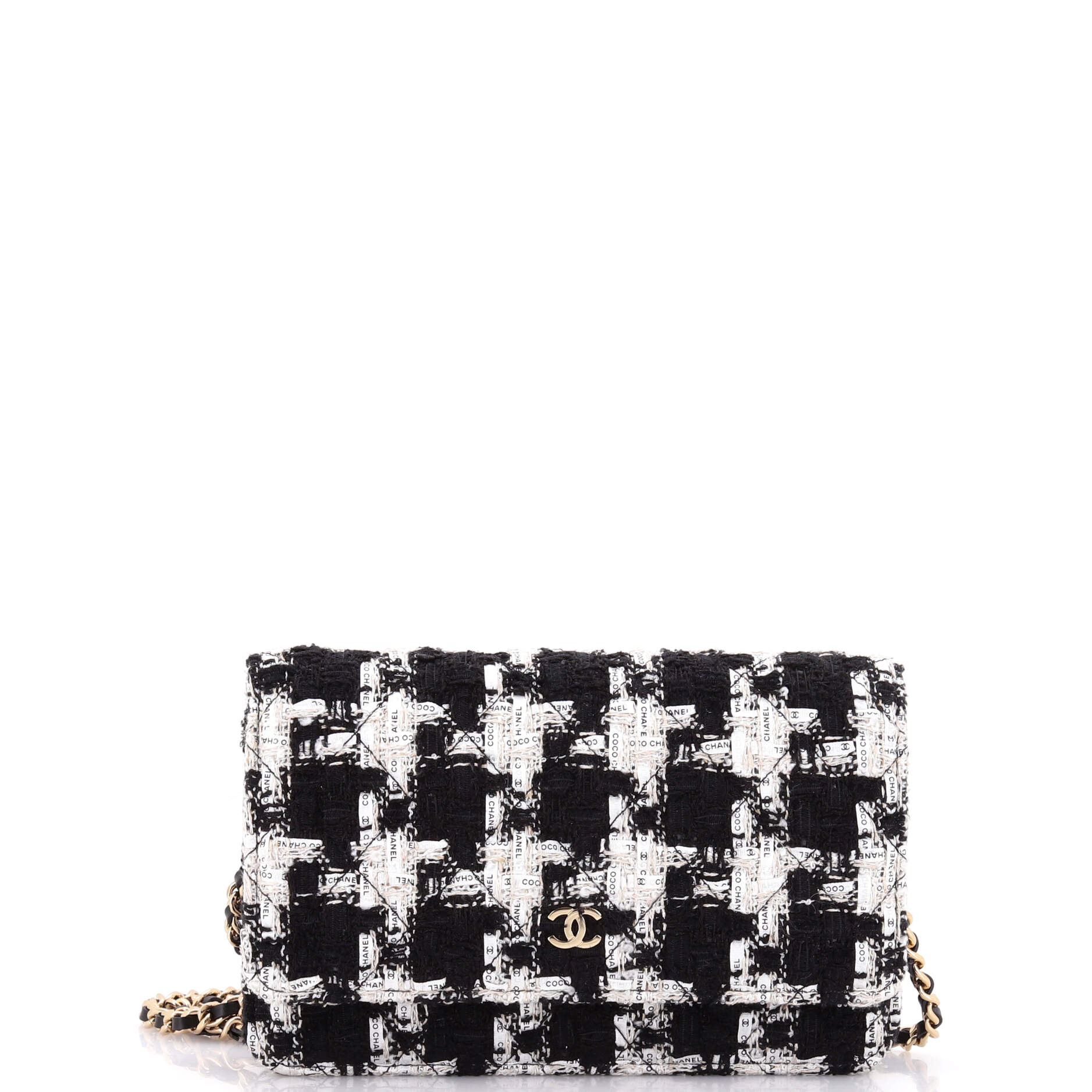 Wallet on Chain Quilted Houndstooth Tweed and Ribbon