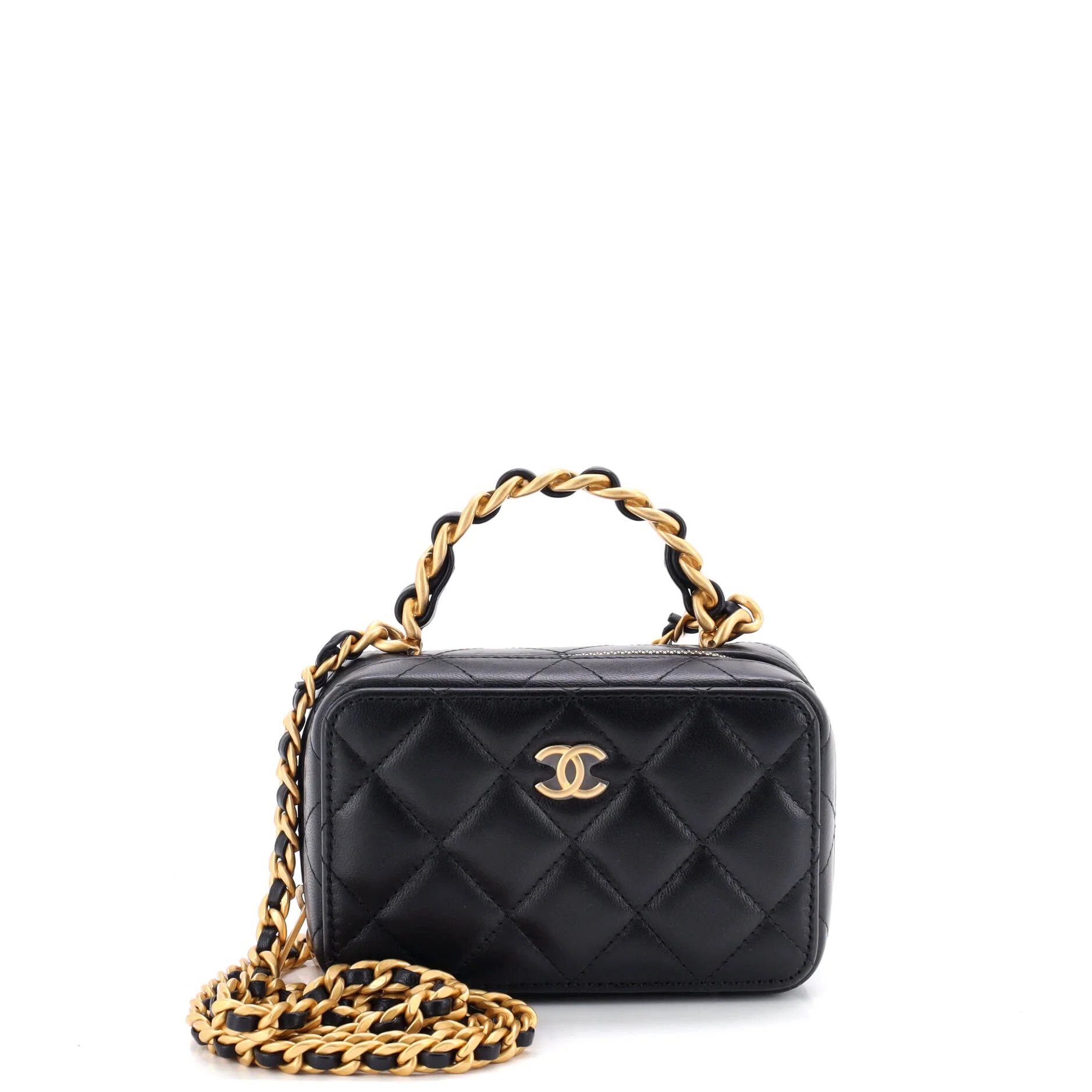 Woven Chain Top Handle Vanity Case Quilted Lambskin Mini