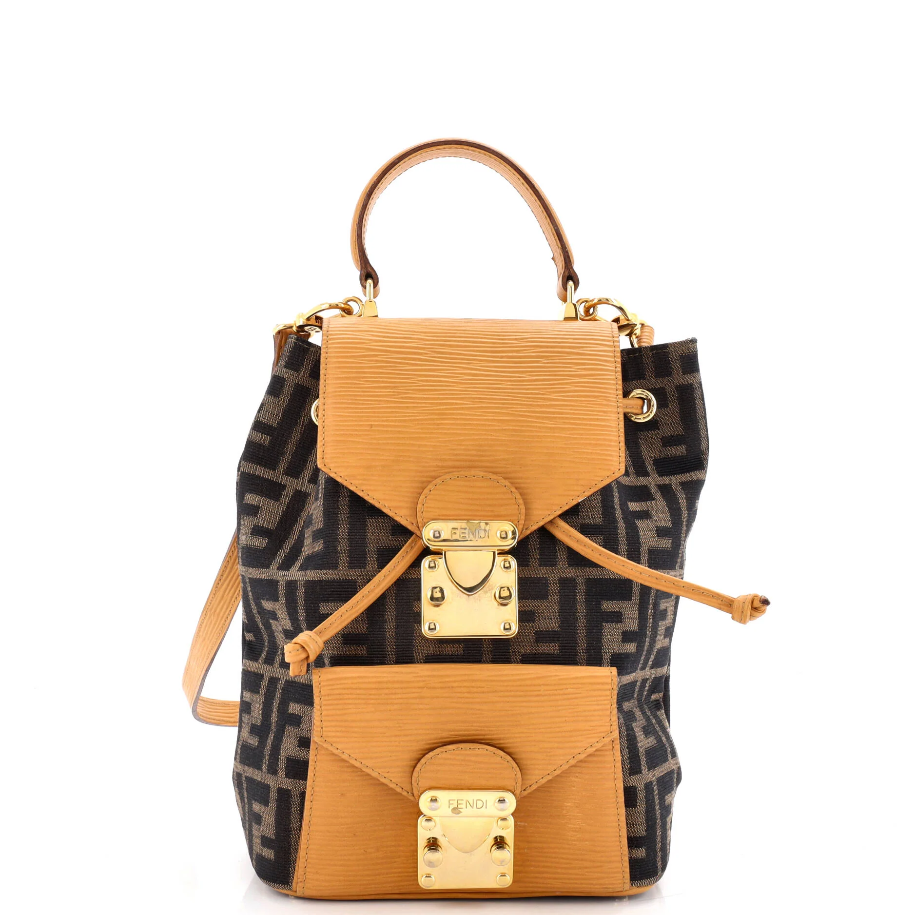 Vintage Drawstring Flap Backpack Zucca Canvas and Leather Small