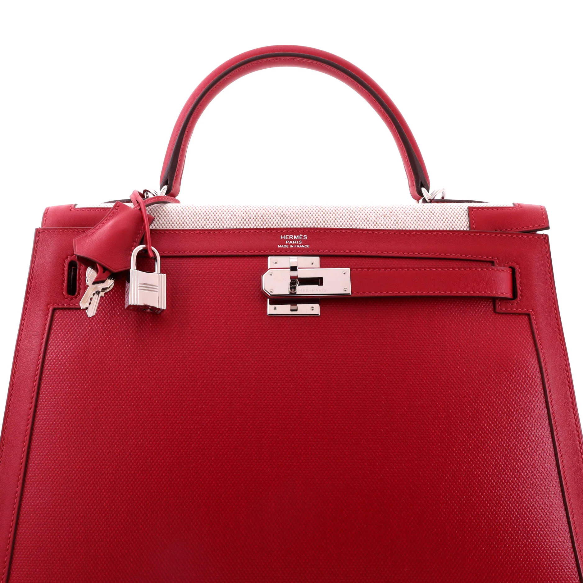 Kelly Handbag Rouge Piment Berline Vache Canvas with Swift and Toile with Palladium Hardware 32 - Image 6