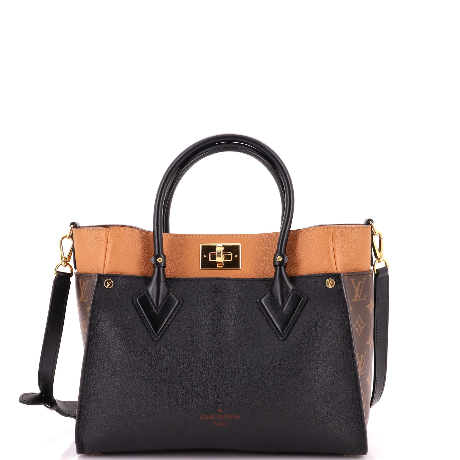 On My Side Tote Leather with Monogram Canvas MM