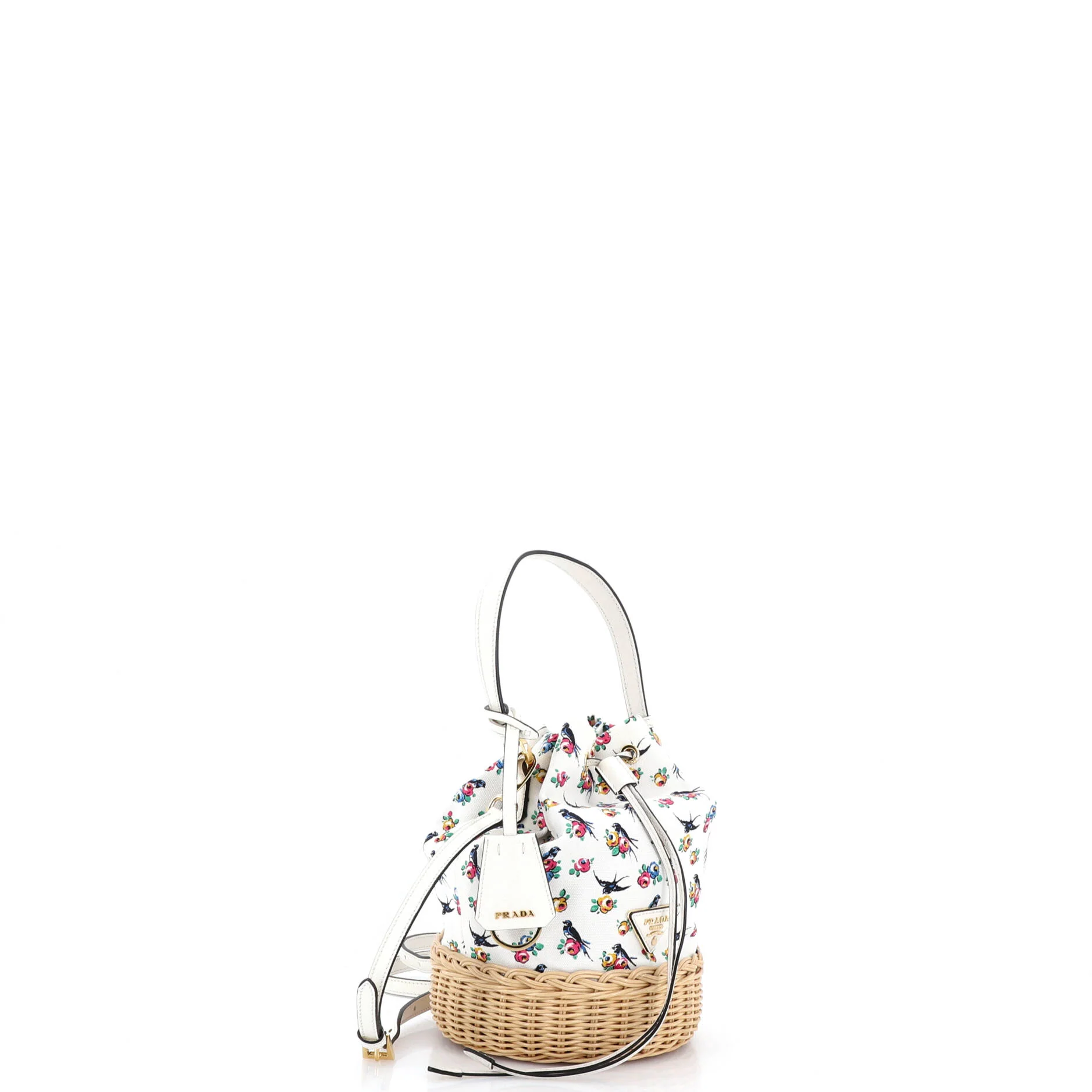Drawstring Bucket Bag Printed Canvas and Wicker Small - Image 2