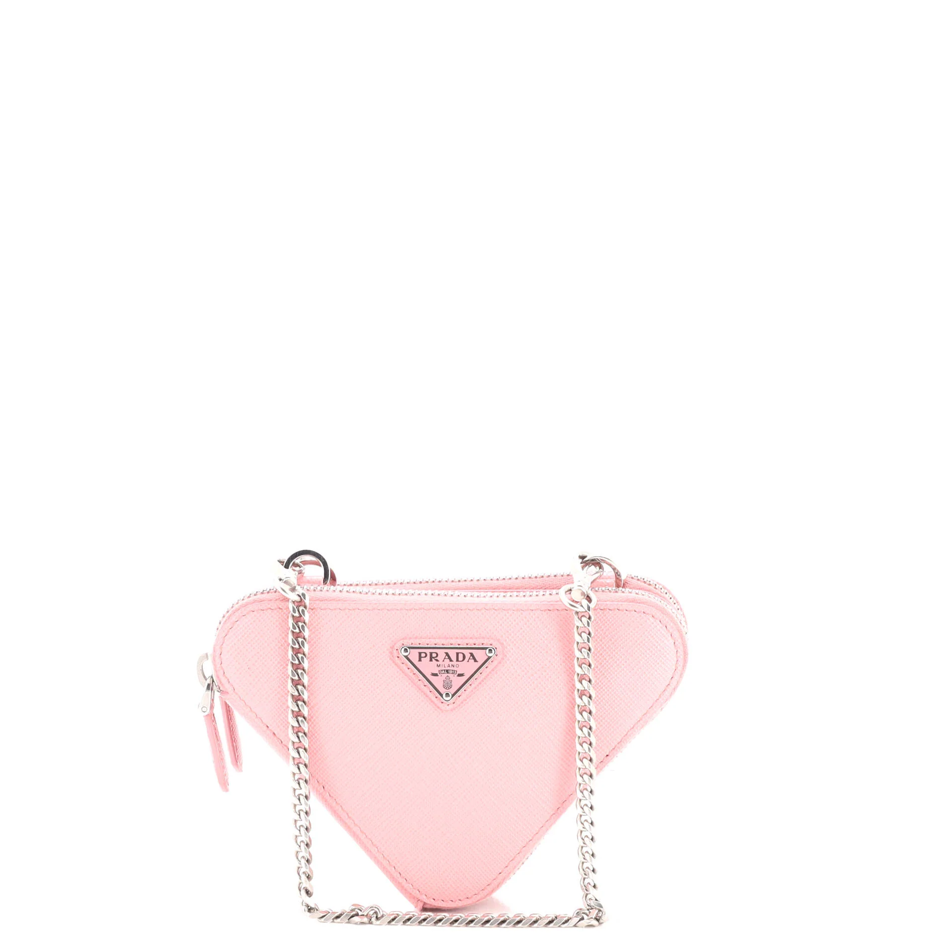Triangle Double Zip Pouch Bag with Chain Saffiano Leather Mini