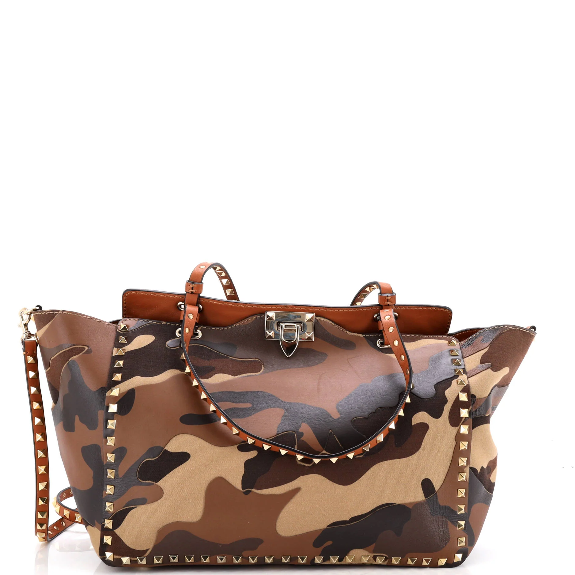 Rockstud Tote Camo Leather and Canvas Medium