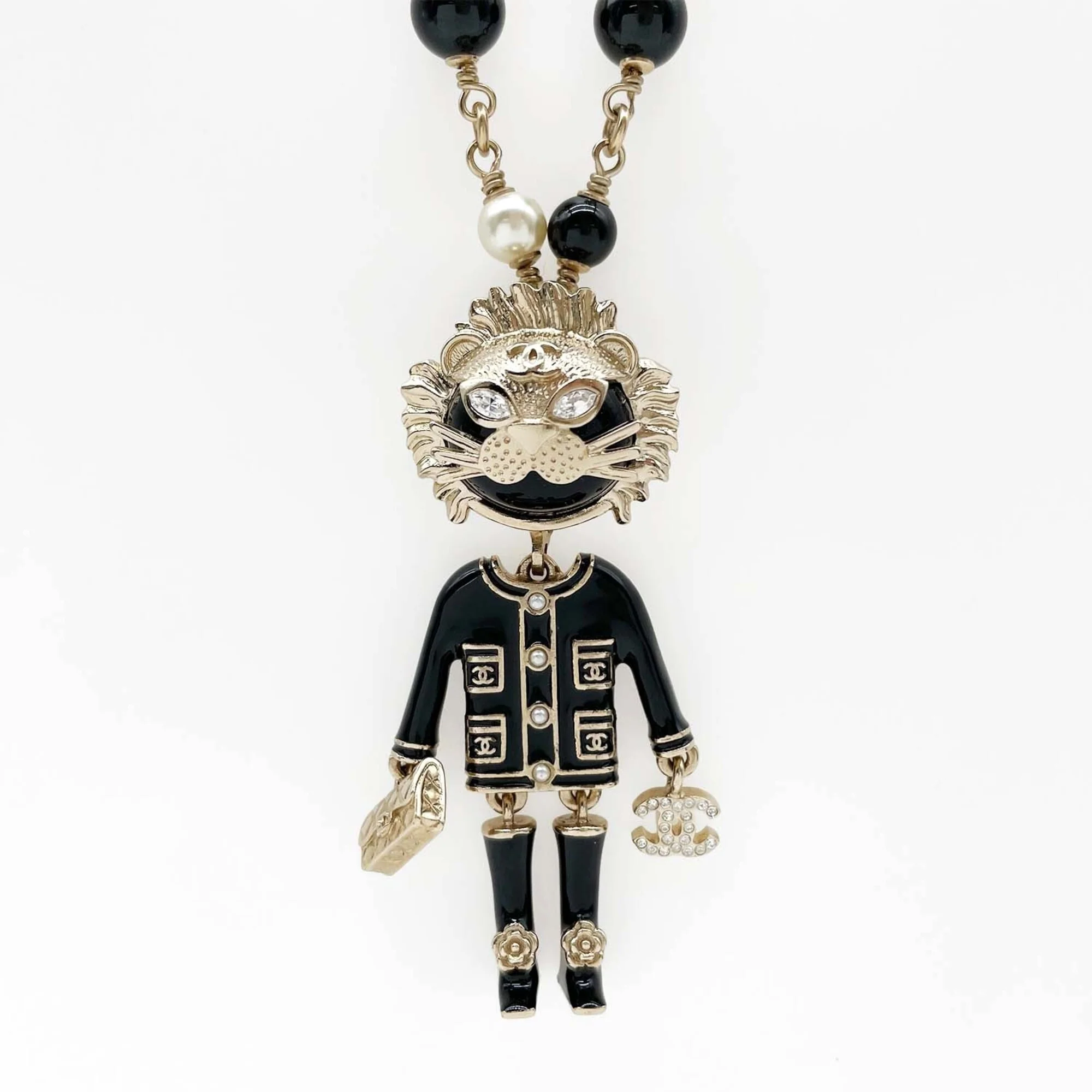 Lion Swing Pearl Long Pendant Necklace Metal Black - Image 2