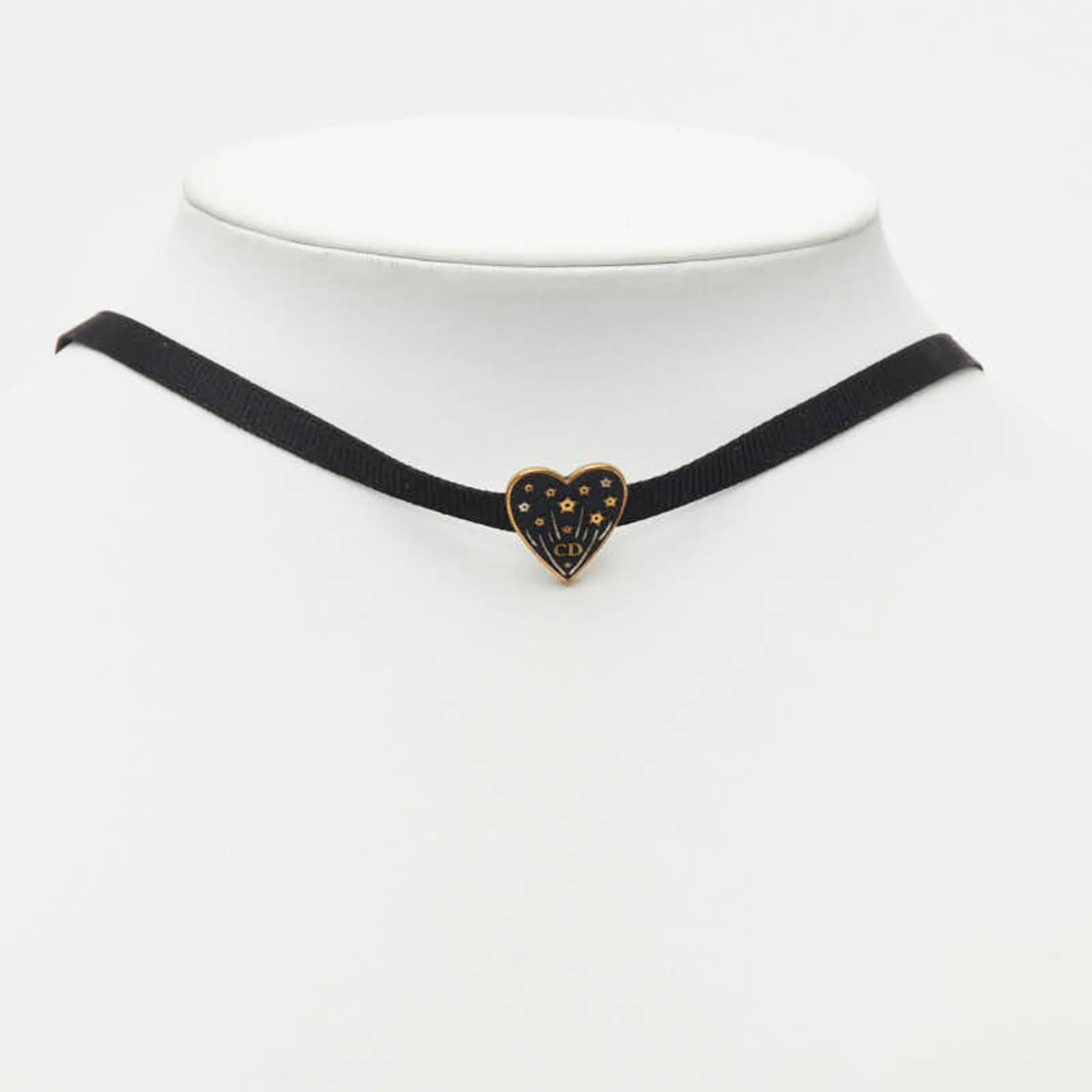 Heart Grosgrain Ribbon Necklace Metal Black and Gold