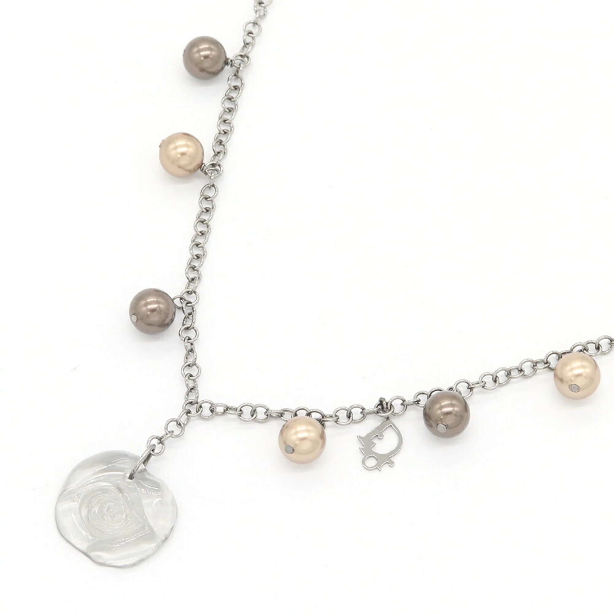 Pendant Necklace Faux Pearl and Metal with Clear and Brown