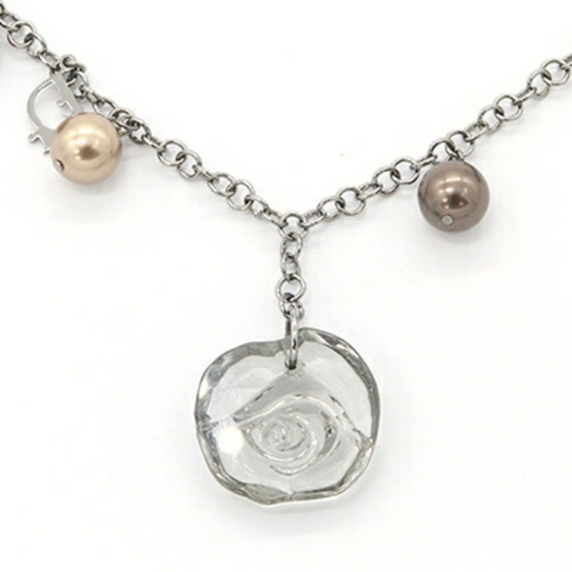 Pendant Necklace Faux Pearl and Metal with Clear and Brown - Image 2