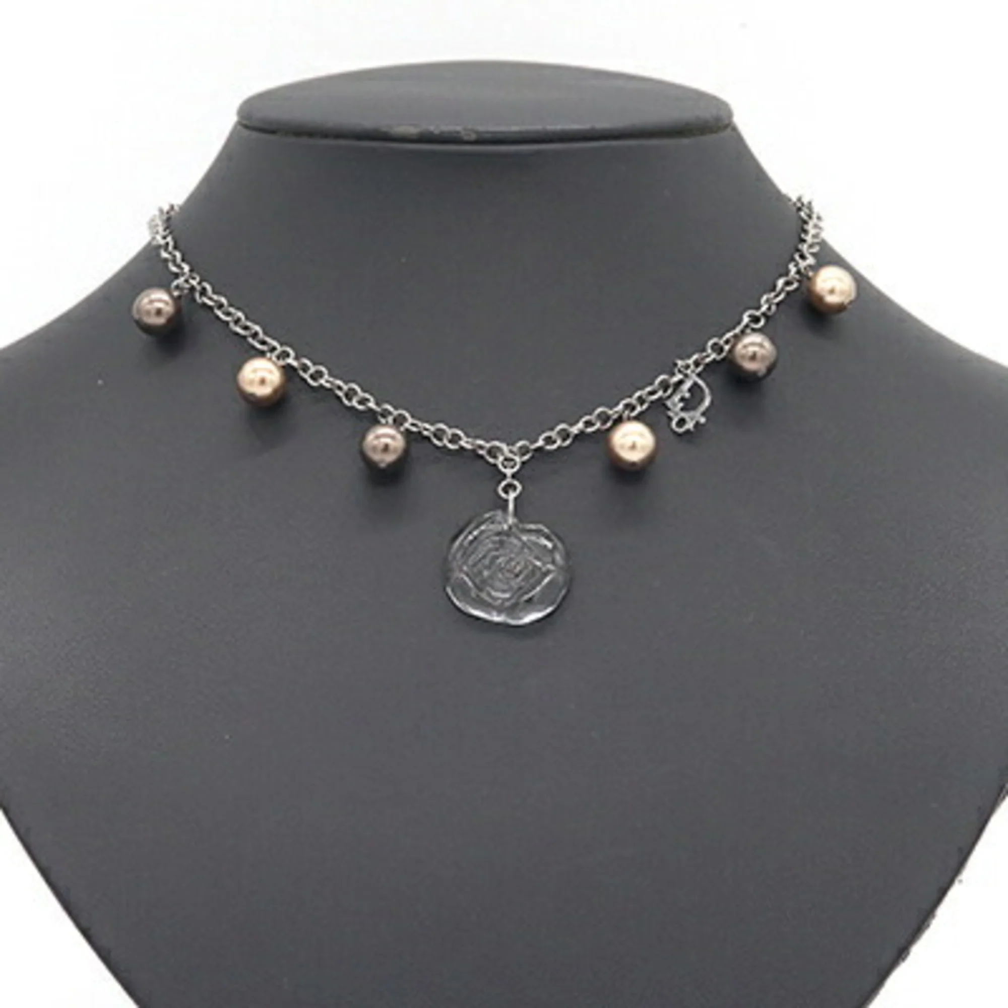 Pendant Necklace Faux Pearl and Metal with Clear and Brown - Image 6