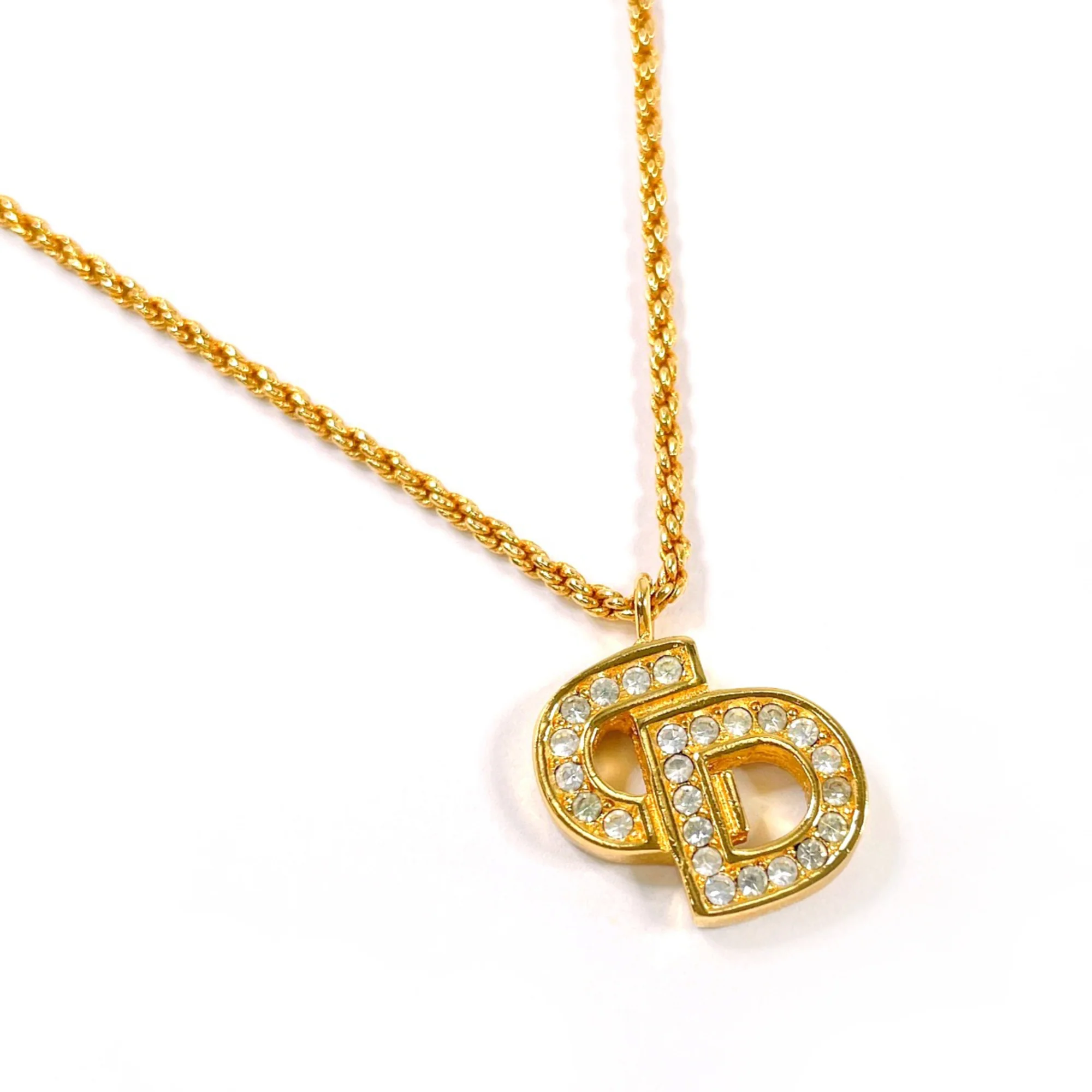 Vintage Pendant Necklace Metal and Rhinestone Gold