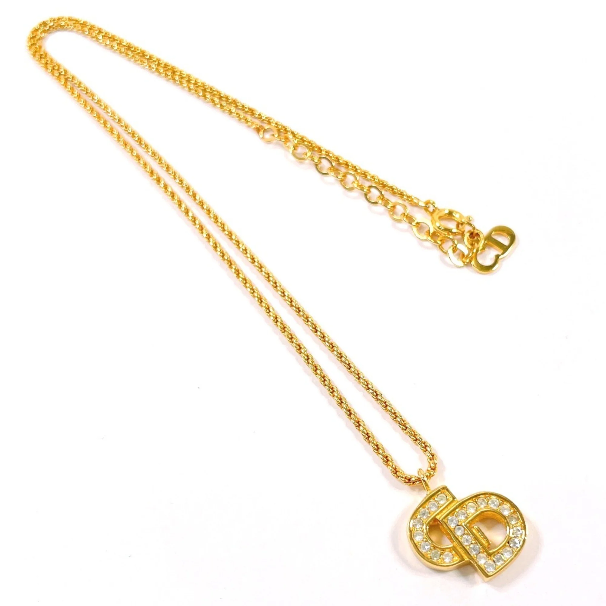 Vintage Pendant Necklace Metal and Rhinestone Gold - Image 2