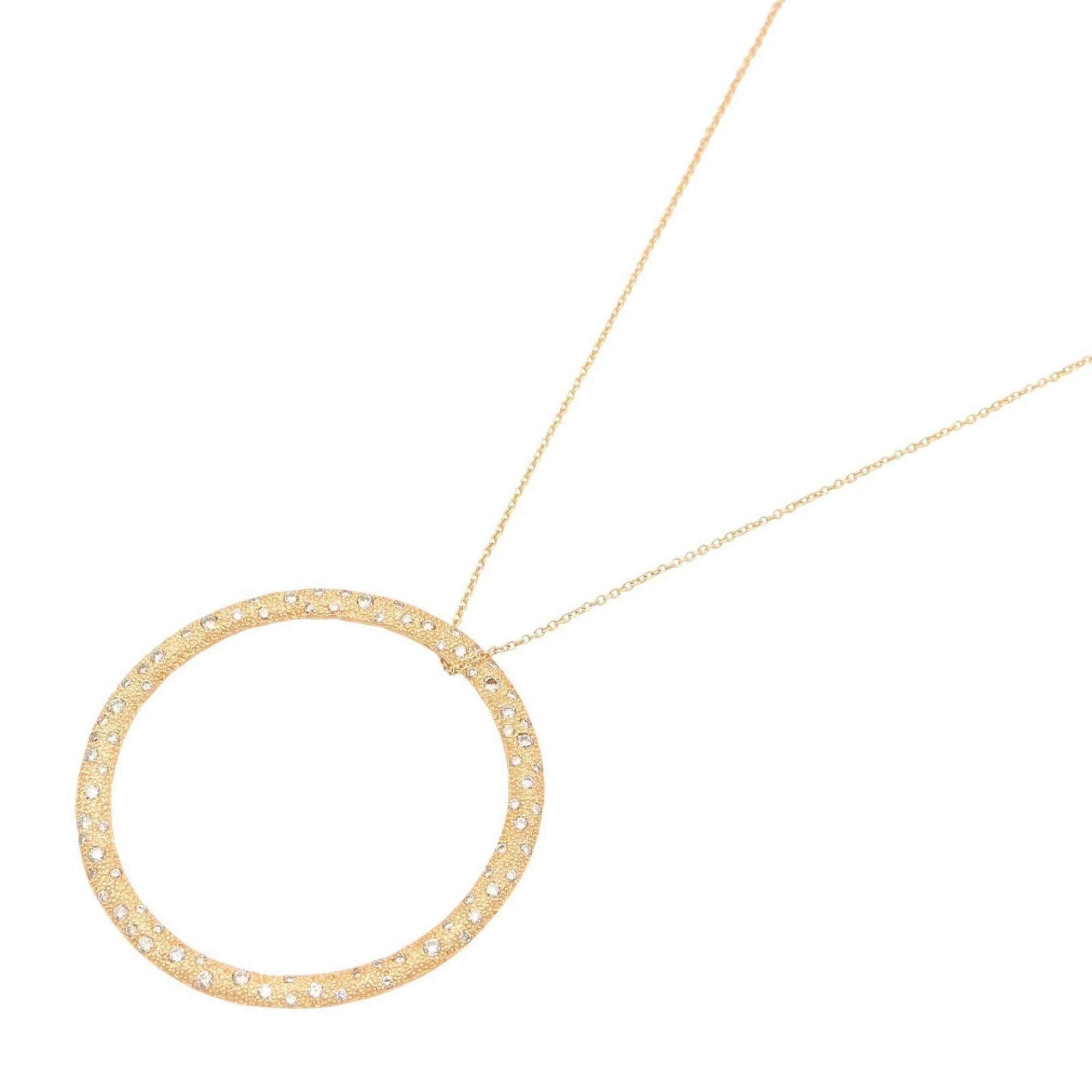 Diamond Hammered Circle Pendant Necklace 18K Yellow Gold Large