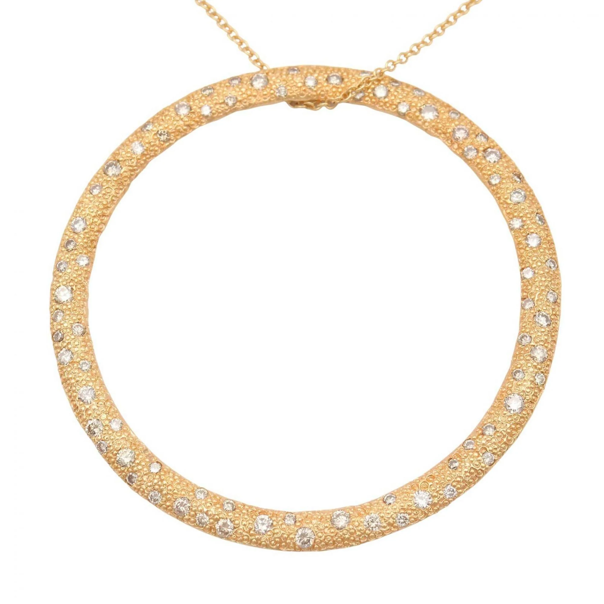 Diamond Hammered Circle Pendant Necklace 18K Yellow Gold Large - Image 3