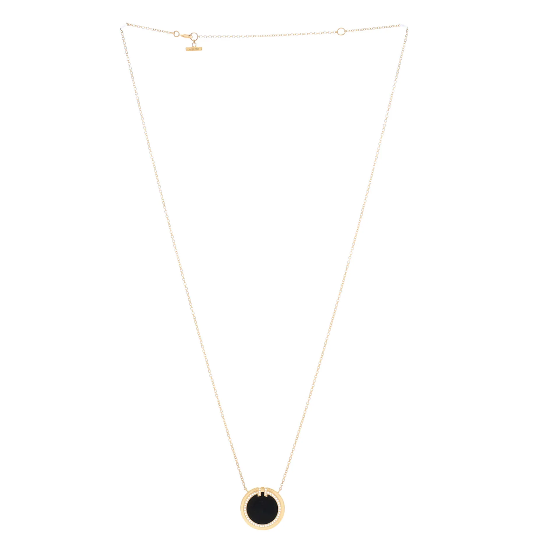 T Circle Pendant Necklace 18K Yellow Gold with Onyx and Diamonds Large - Image 2