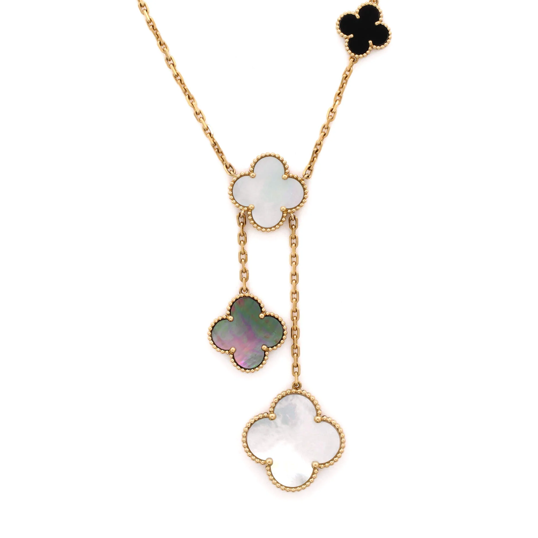 Magic Alhambra 6 Motifs Necklace 18K Yellow Gold and Mother of Pearl with Onyx