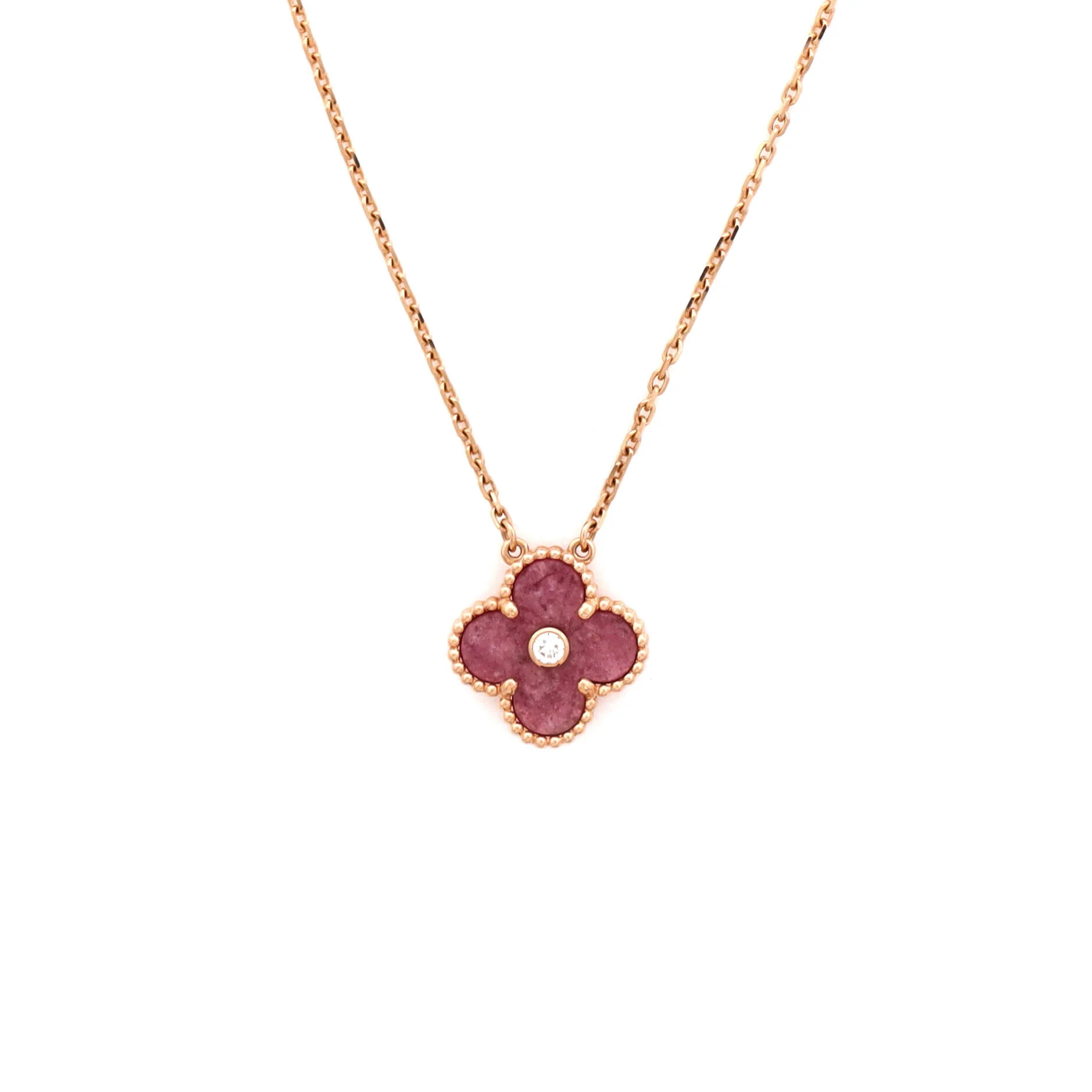 Vintage Alhambra Pendant Necklace 18K Rose Gold and Rhodonite with Diamond