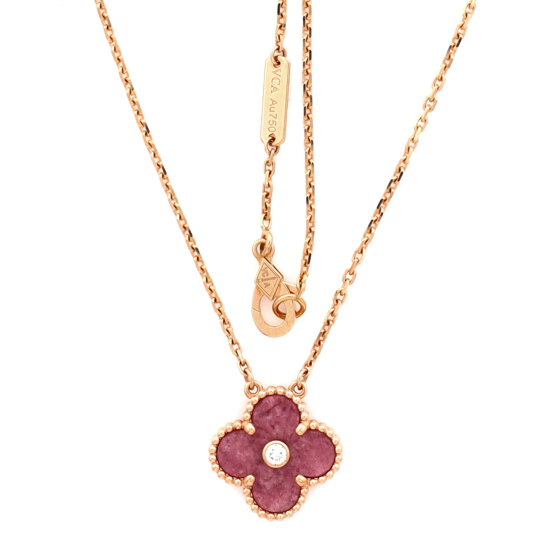 Vintage Alhambra Pendant Necklace 18K Rose Gold and Rhodonite with Diamond - Image 2