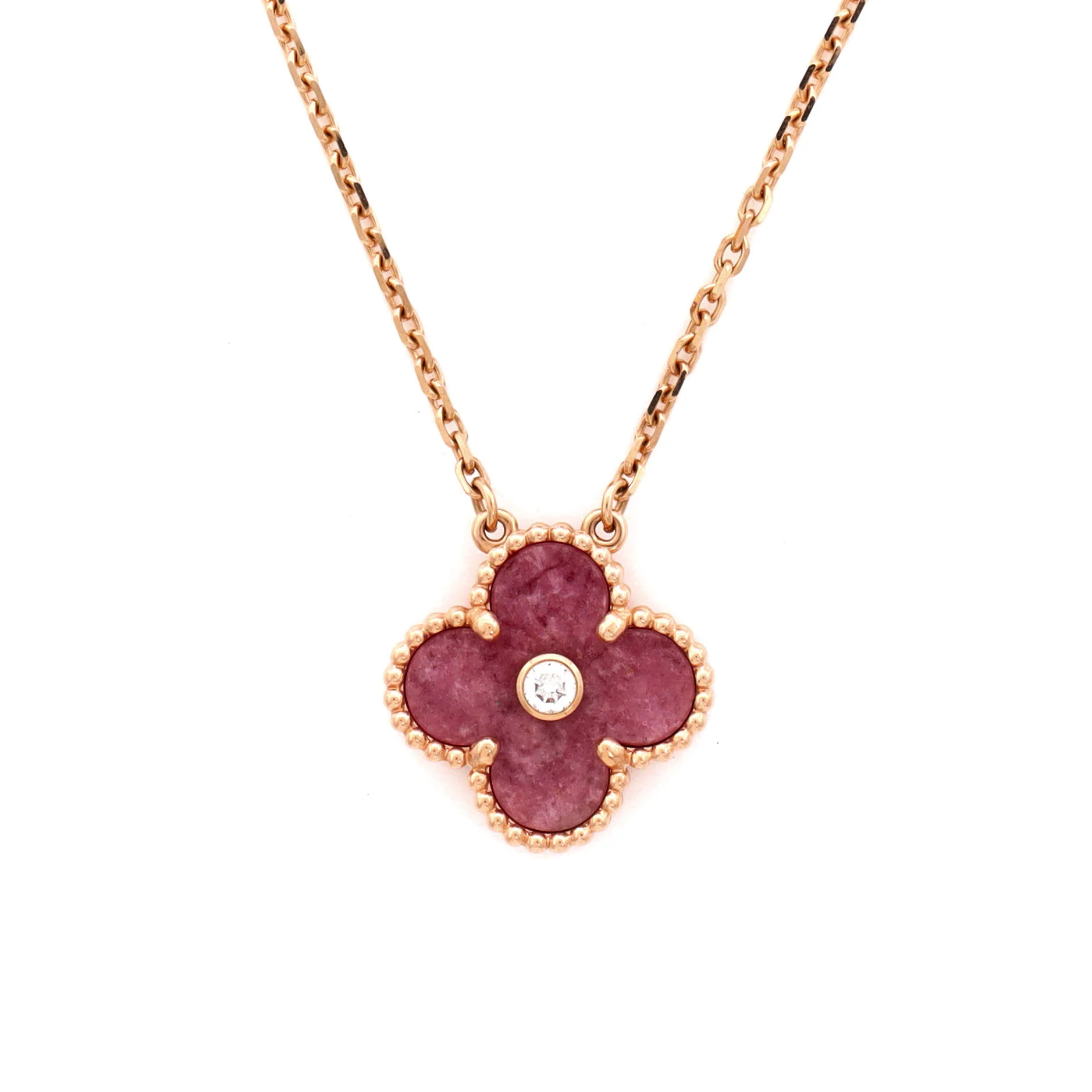 Vintage Alhambra Pendant Necklace 18K Rose Gold and Rhodonite with Diamond - Image 3