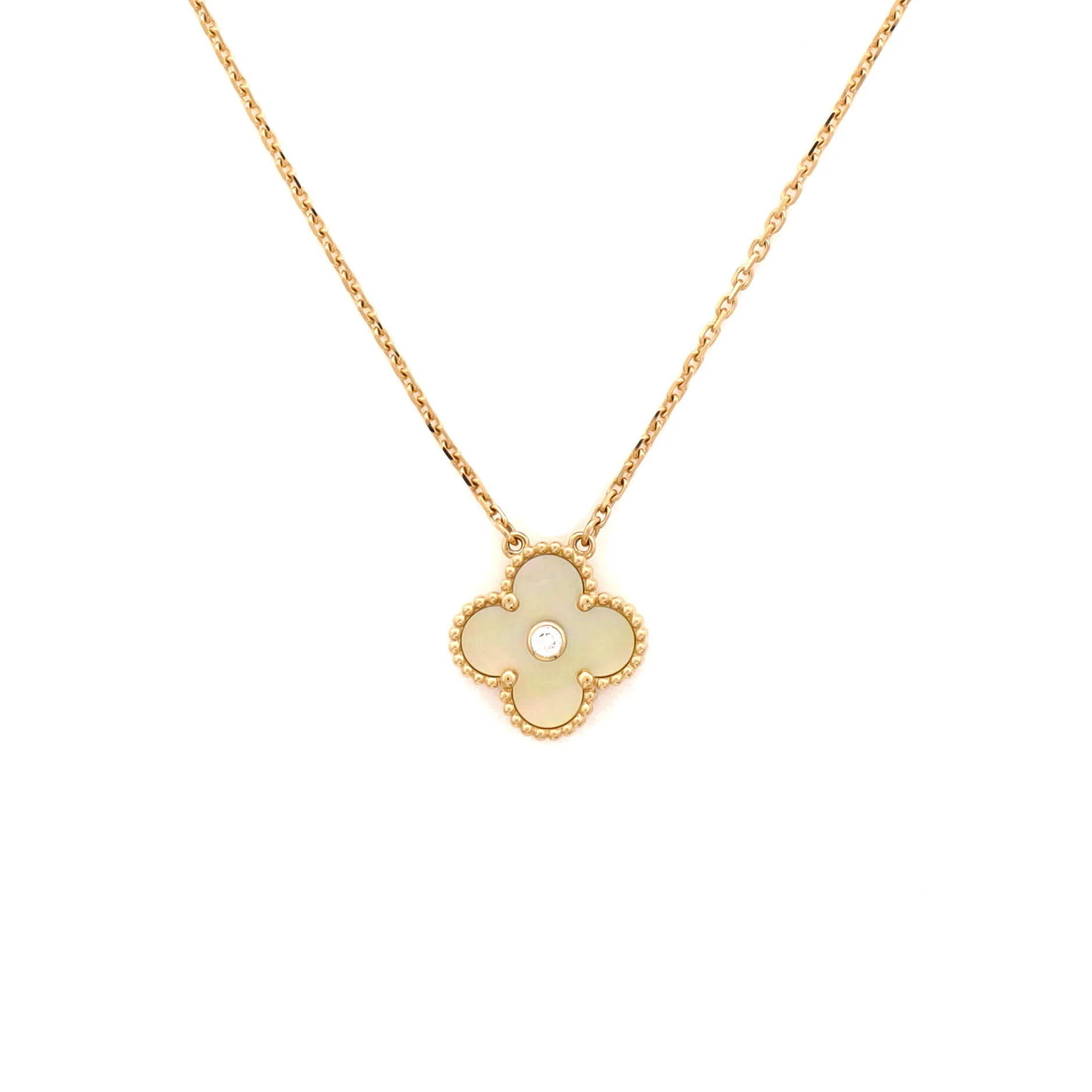 Vintage Alhambra Pendant Necklace 18K Yellow Gold and Gold Mother of Pearl with Diamond