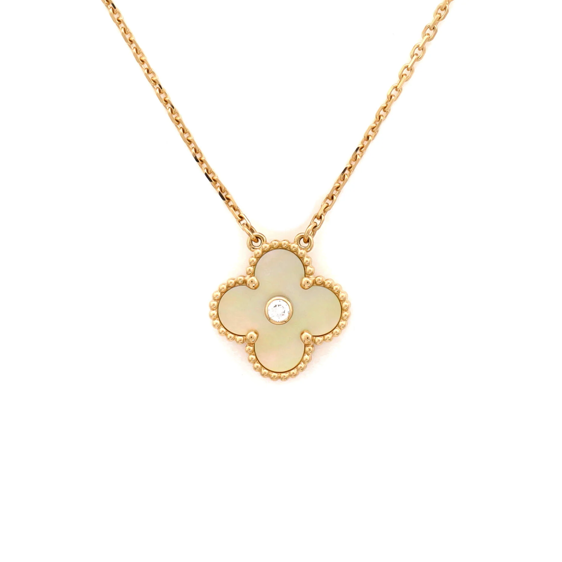 Vintage Alhambra Pendant Necklace 18K Yellow Gold and Gold Mother of Pearl with Diamond - Image 3