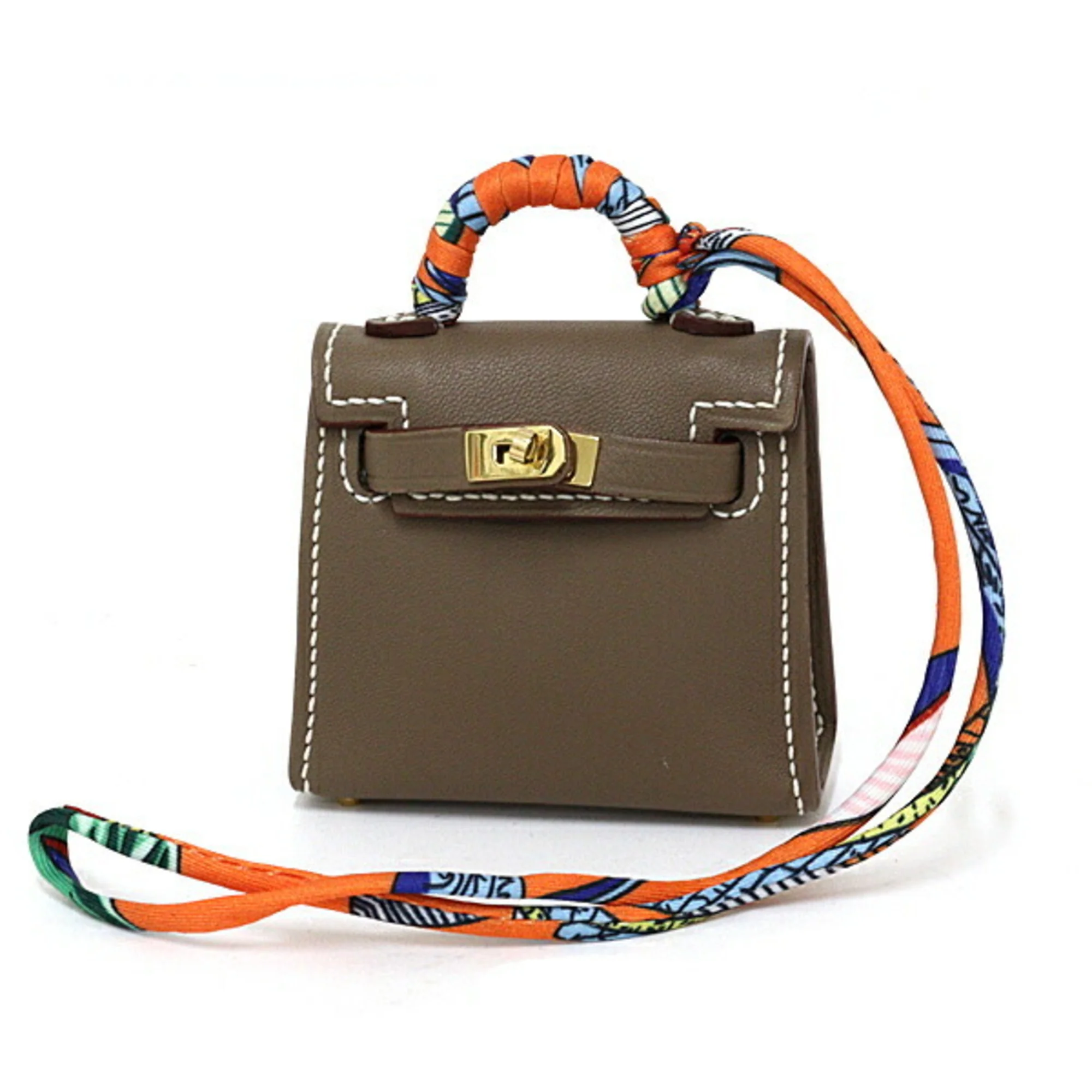 Charm Silk and Tadelakt Leather Etoupe Gray and Orange Handbag Charm
