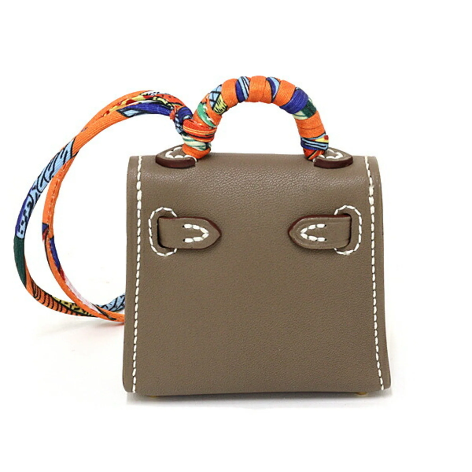 Charm Silk and Tadelakt Leather Etoupe Gray and Orange Handbag Charm - Image 4