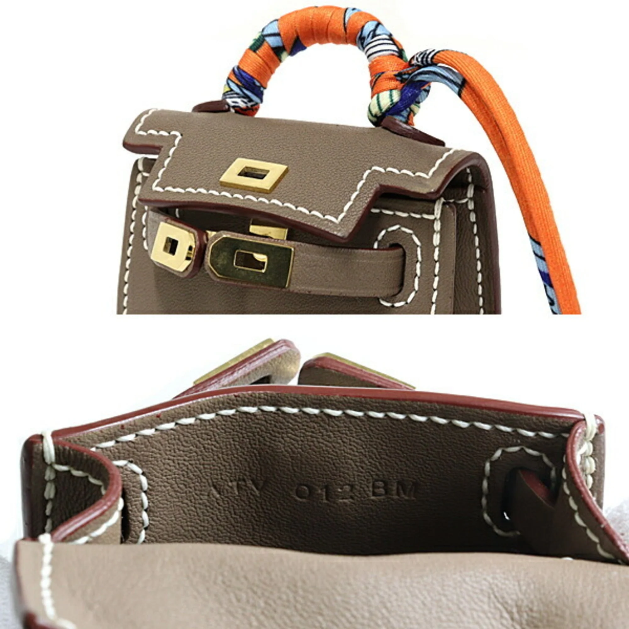 Charm Silk and Tadelakt Leather Etoupe Gray and Orange Handbag Charm - Image 6