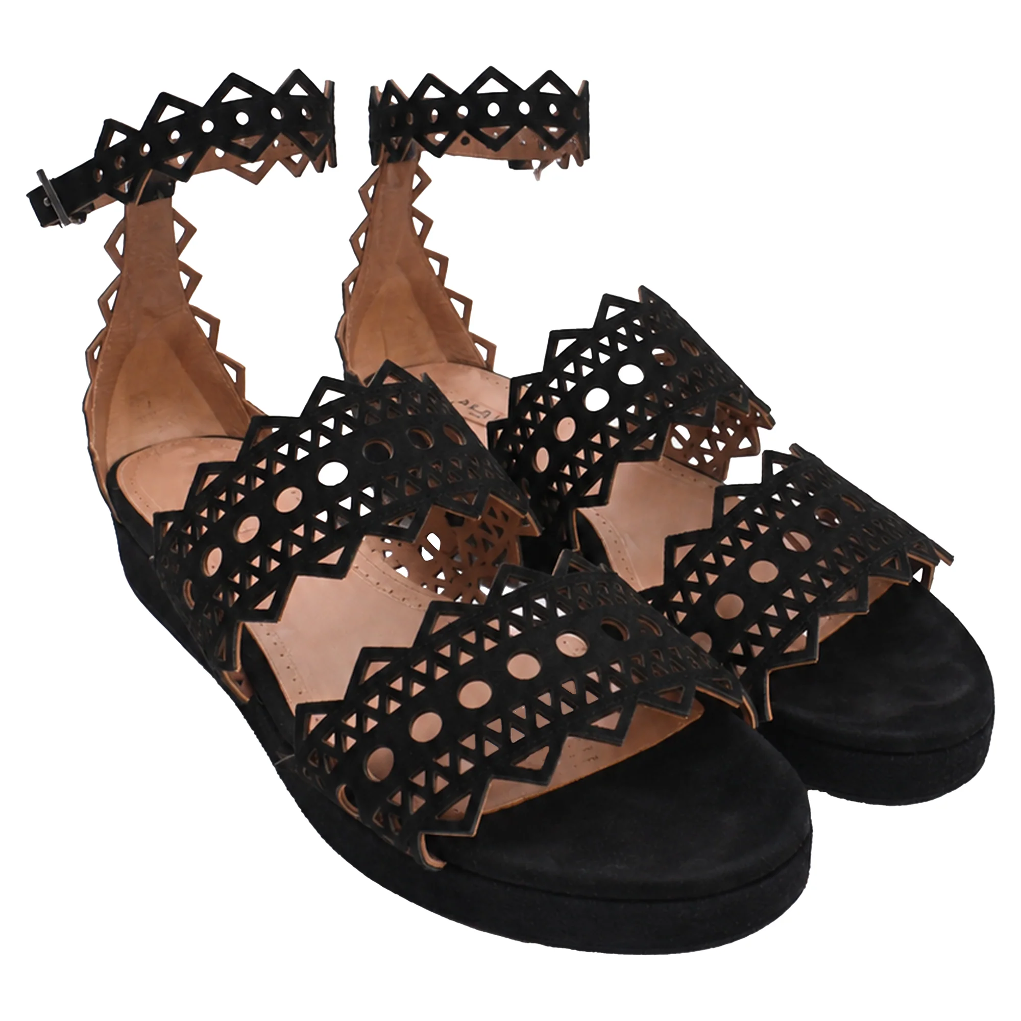 Women's Alaïa Laser Cut Open Toe Flat Sandals in Black Suede - Image 4