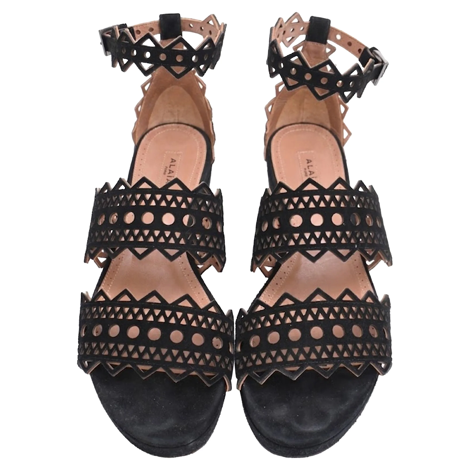 Women's Alaïa Laser Cut Open Toe Flat Sandals in Black Suede - Image 5