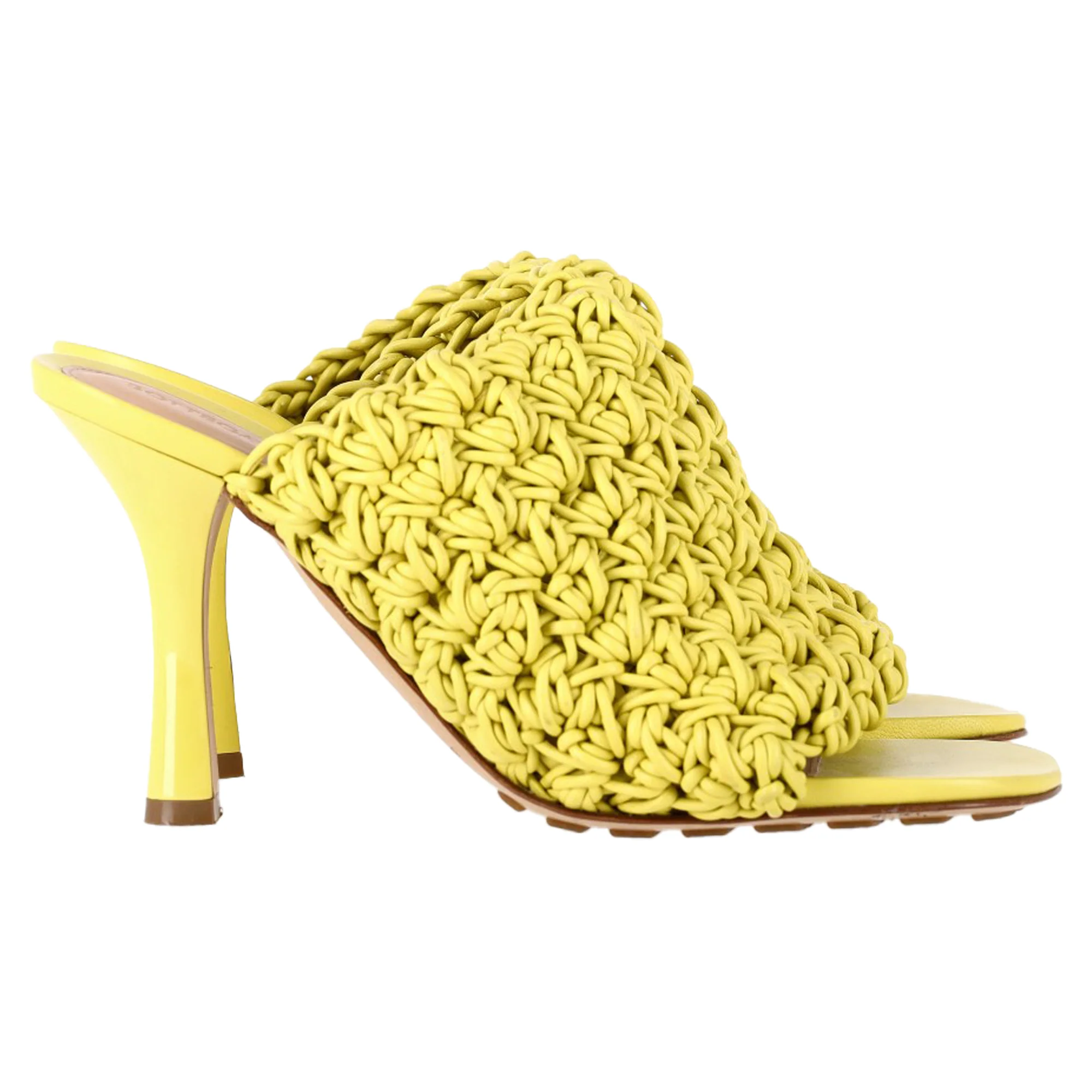 Women's Bottega Veneta Crochet Heeled Mules in Yellow Nappa Calf Leather
