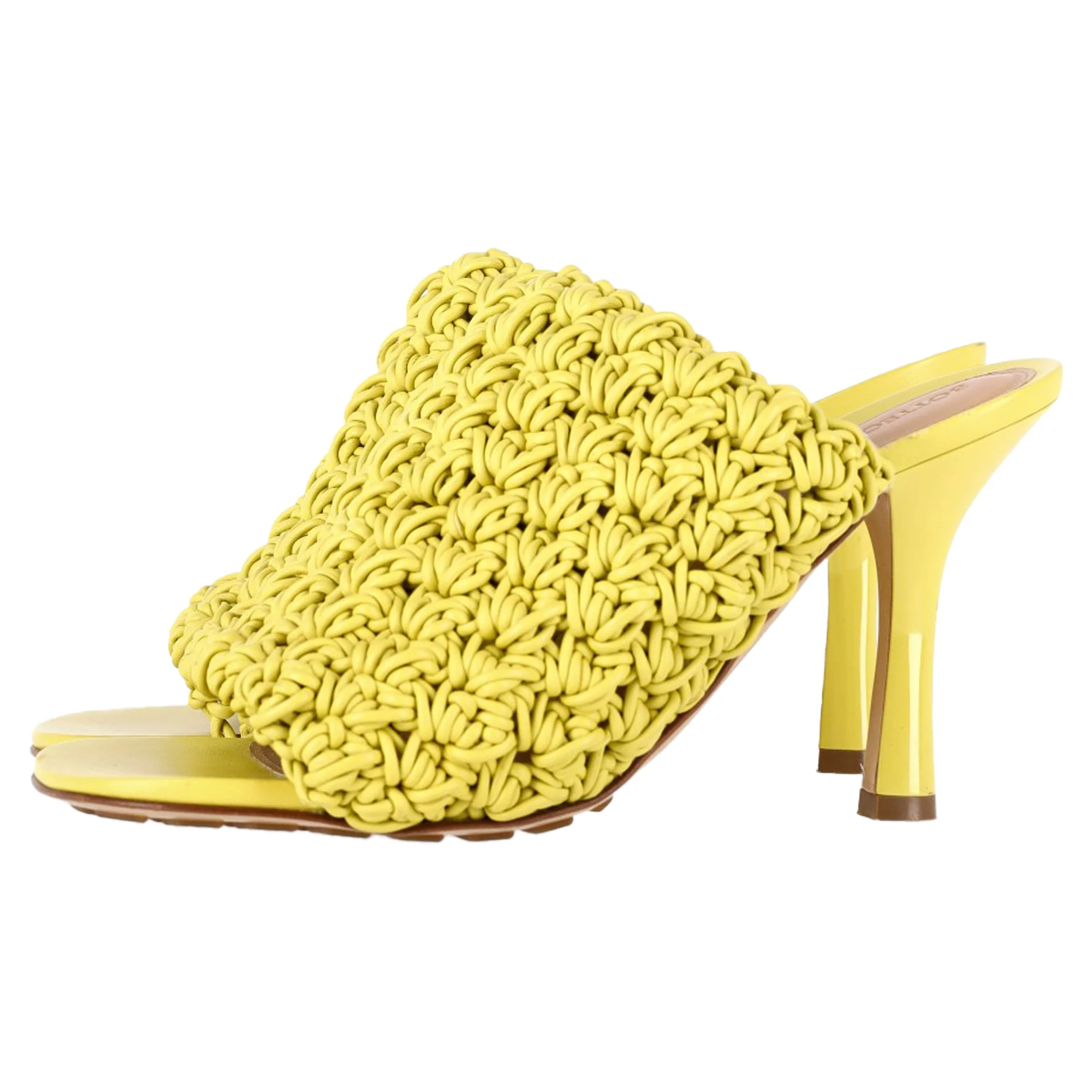 Women's Bottega Veneta Crochet Heeled Mules in Yellow Nappa Calf Leather - Image 4