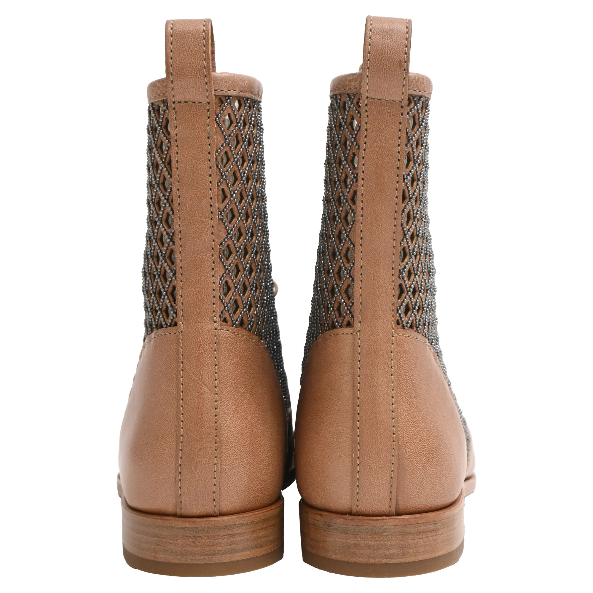 Women's Brunello Cucinelli Beaded Lace-Up Ankle Boots in Brown Leather - Image 3