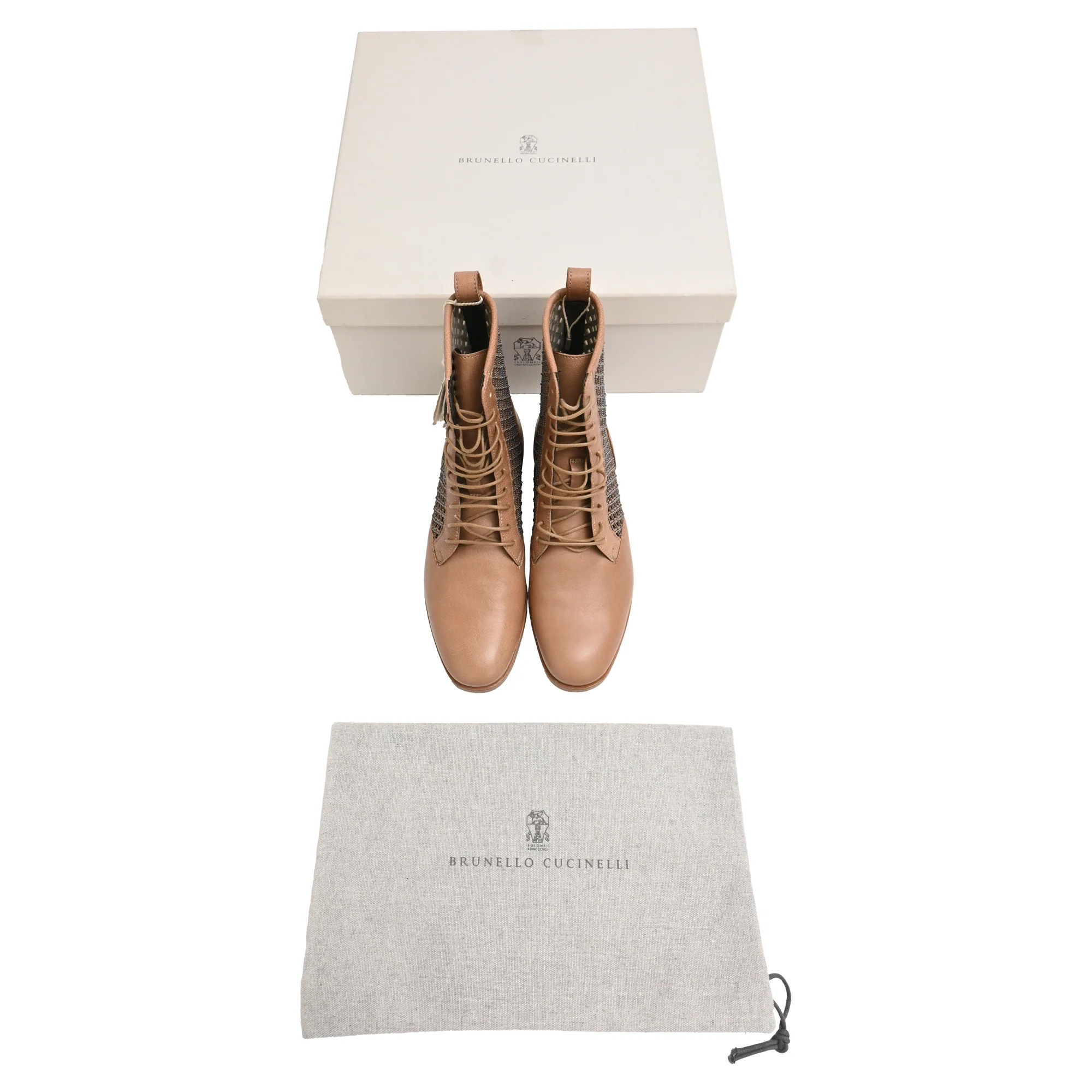 Women's Brunello Cucinelli Beaded Lace-Up Ankle Boots in Brown Leather - Image 9